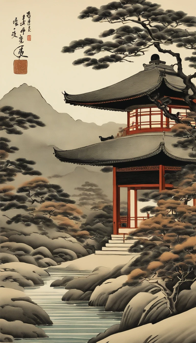 In the background is a painting of a pagoda and a tree, inspired by Yamamoto Shōun, inspired by Kanō Motonobu, inspired by Sōami, qing dynasty painting, inspired by Itō Jakuchū, author:Qi Baishi, inspired by Hishida Shunsō, Tradition Chinese Ink Painting