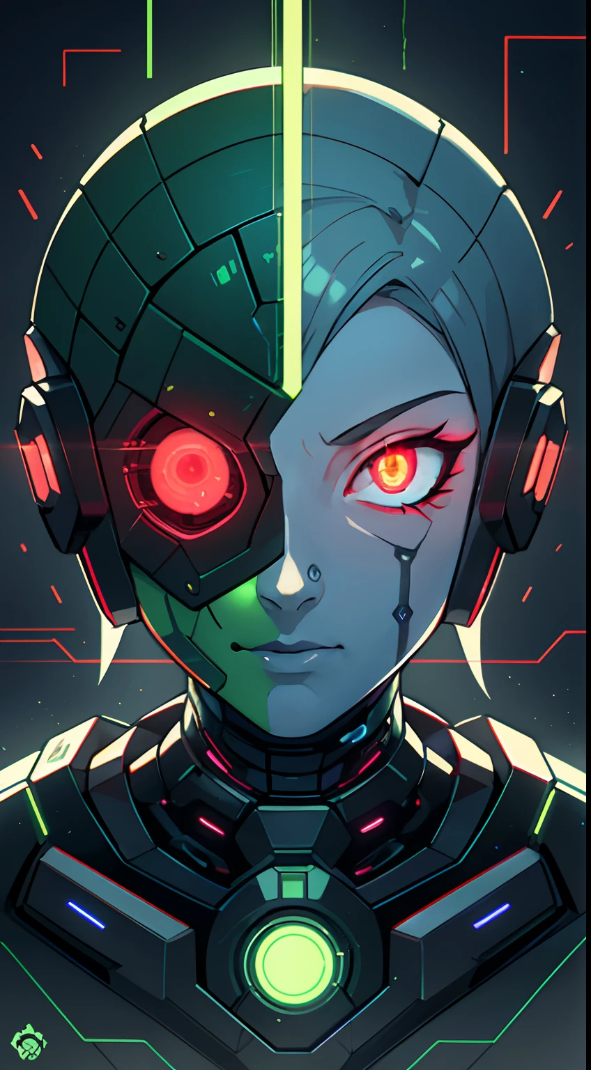a green glowing face of a man with glowing eyes, detailed glowing head, cyber songman, cybernetic glowing, humanoid face, detailed face of an android, shodan from system shock 2, cyberface, cyberpunk face, green face, portrait of an android, sci - fi face, sci-fi face, a portrait of an android, glowing cyber - eyes