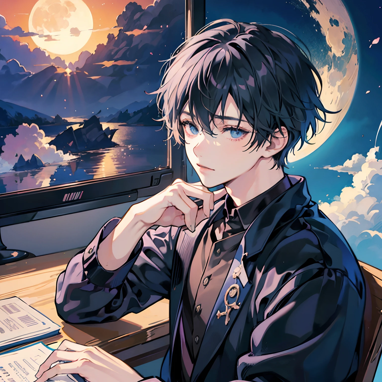 Anime boy sitting at desk with two computer monitors and full moon, anime aesthetic, lofi artstyle, Anime Background Art, Anime Background, 4k anime wallpaper, Anime art wallpaper 8k, anime wallpaper 4k, anime wallpaper 4 k, anime wallaper, anime art wallpaper 4k, anime art wallpaper 4k, Anime that won the Aesthetics Award,Black-haired boy