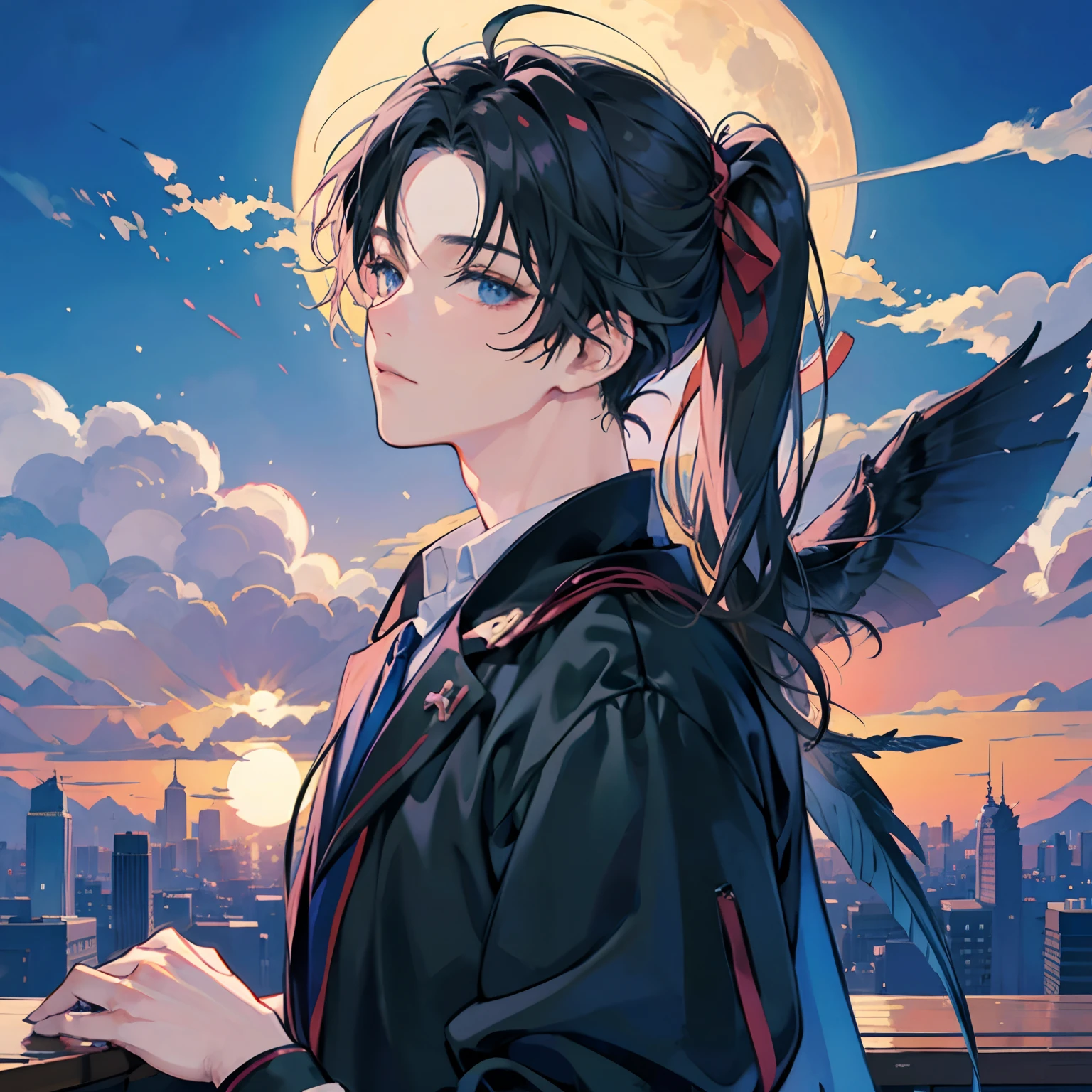 Anime boy sitting at desk with two computer monitors and full moon, anime aesthetic, lofi artstyle, Anime Background Art, Anime Background, 4k anime wallpaper, Anime art wallpaper 8k, anime wallpaper 4k, anime wallpaper 4 k, anime wallaper, anime art wallpaper 4k, anime art wallpaper 4k, Anime that won the Aesthetics Award,Black-haired boy