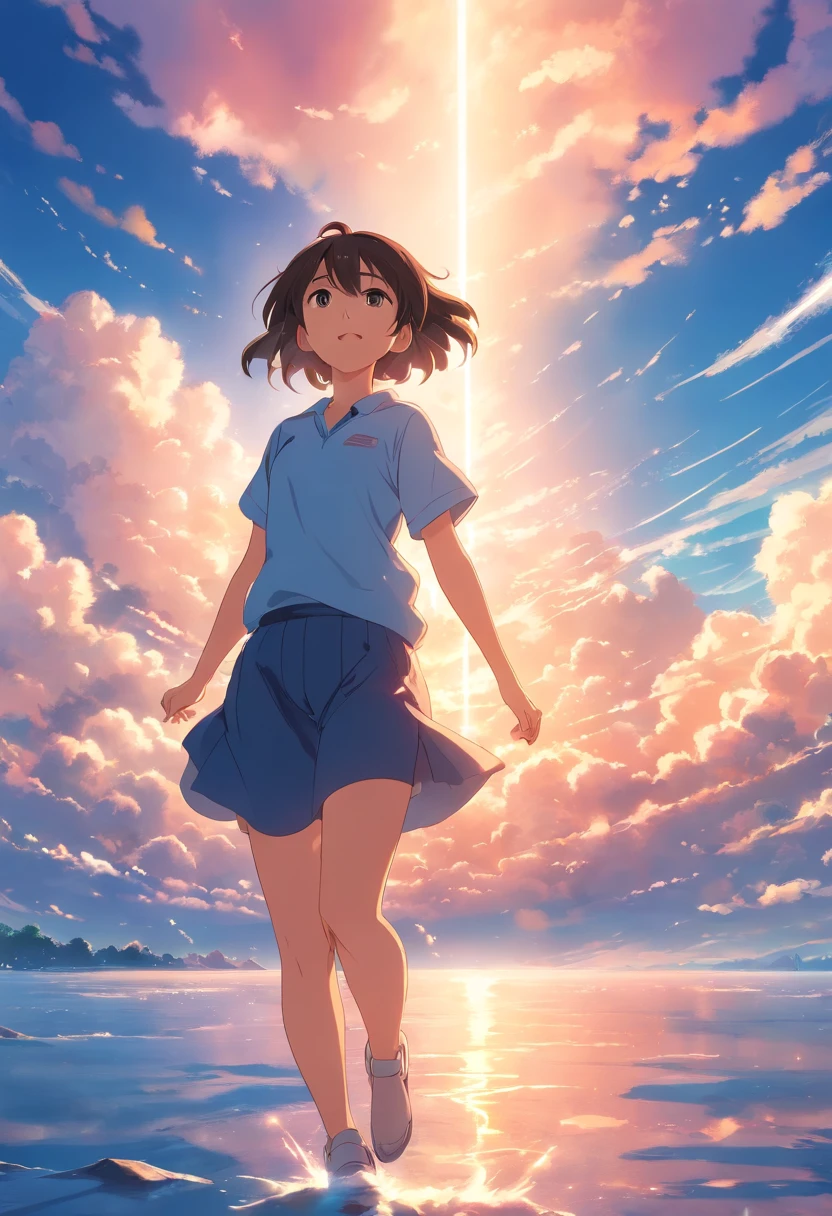 masterpiece, best quality, movie still, 1girl, cloud girl, floating in the sky, close-up, bright, happy, warm soft lighting, sunset, (sparks:0.7)