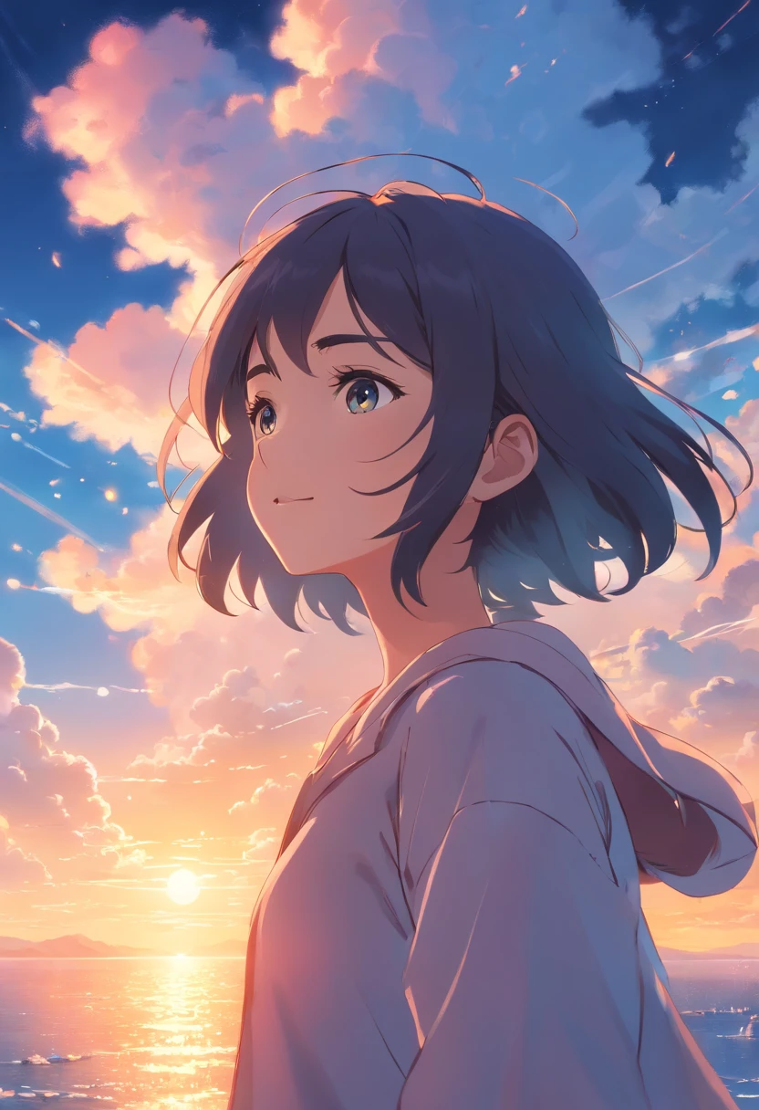 masterpiece, best quality, movie still, 1girl, cloud girl, floating in the sky, close-up, bright, happy, warm soft lighting, sunset, (sparks:0.7)