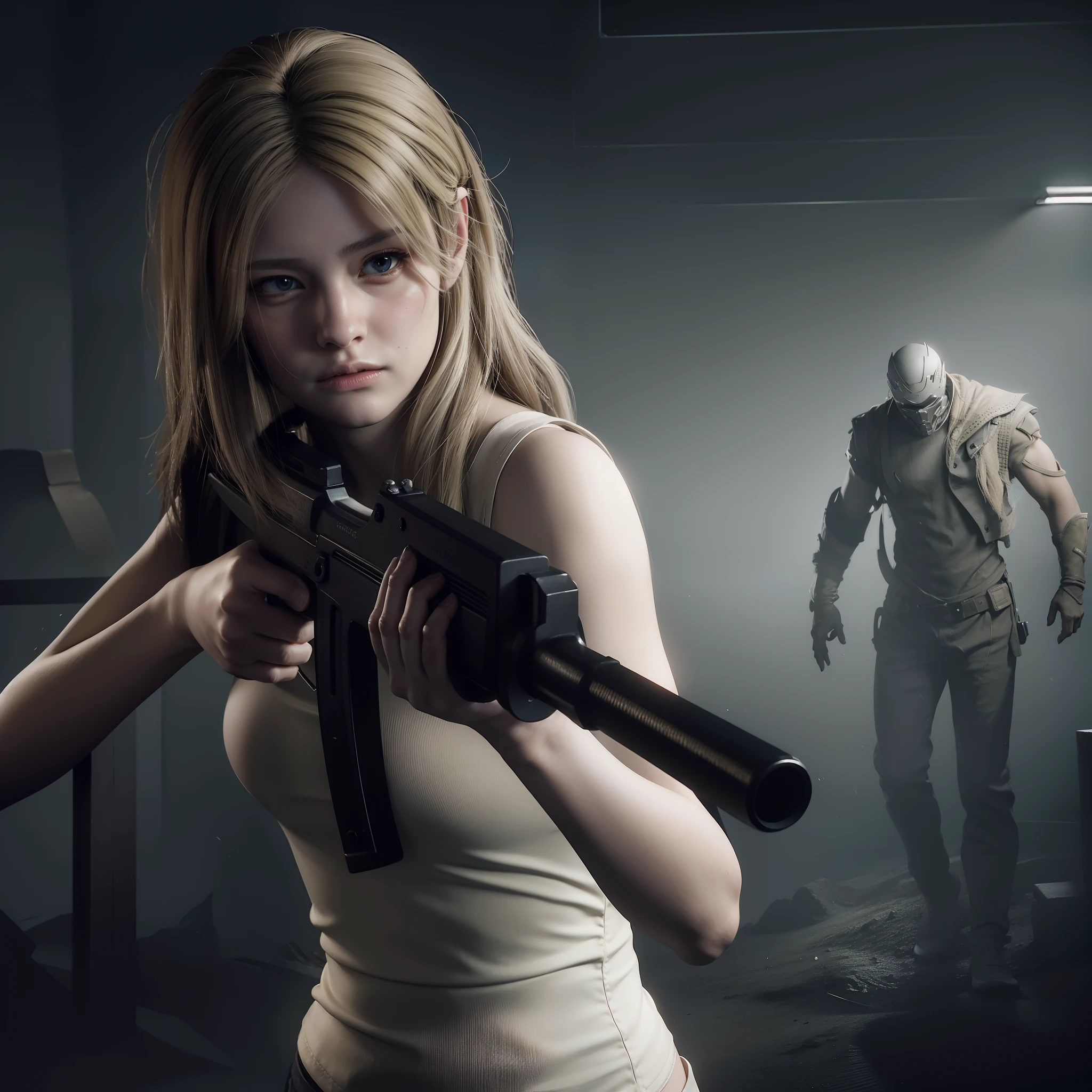 Best quality, photorealistic , long blonde hair, holding a weapon, glare expression, by unreal engine