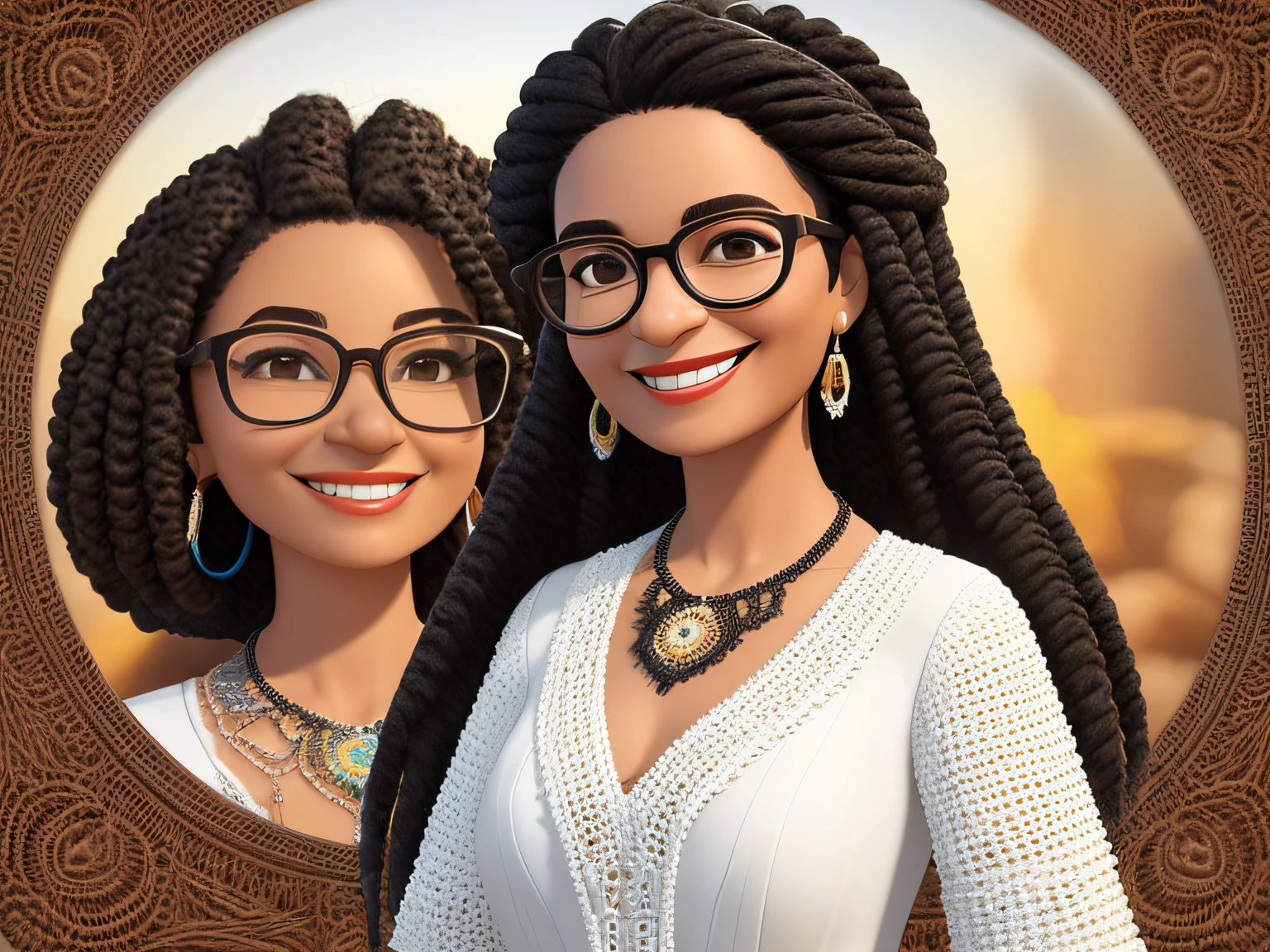 um desenho estilo pixar 3d escritora brasileira Sueli Carneiro 60 anos, mulher negra, Smiling and wearing glasses with rounded frames. She wears a lot of long black braids down to her shoulders. She wears a brown beaded necklace and a white blouse with a white crochet coat.