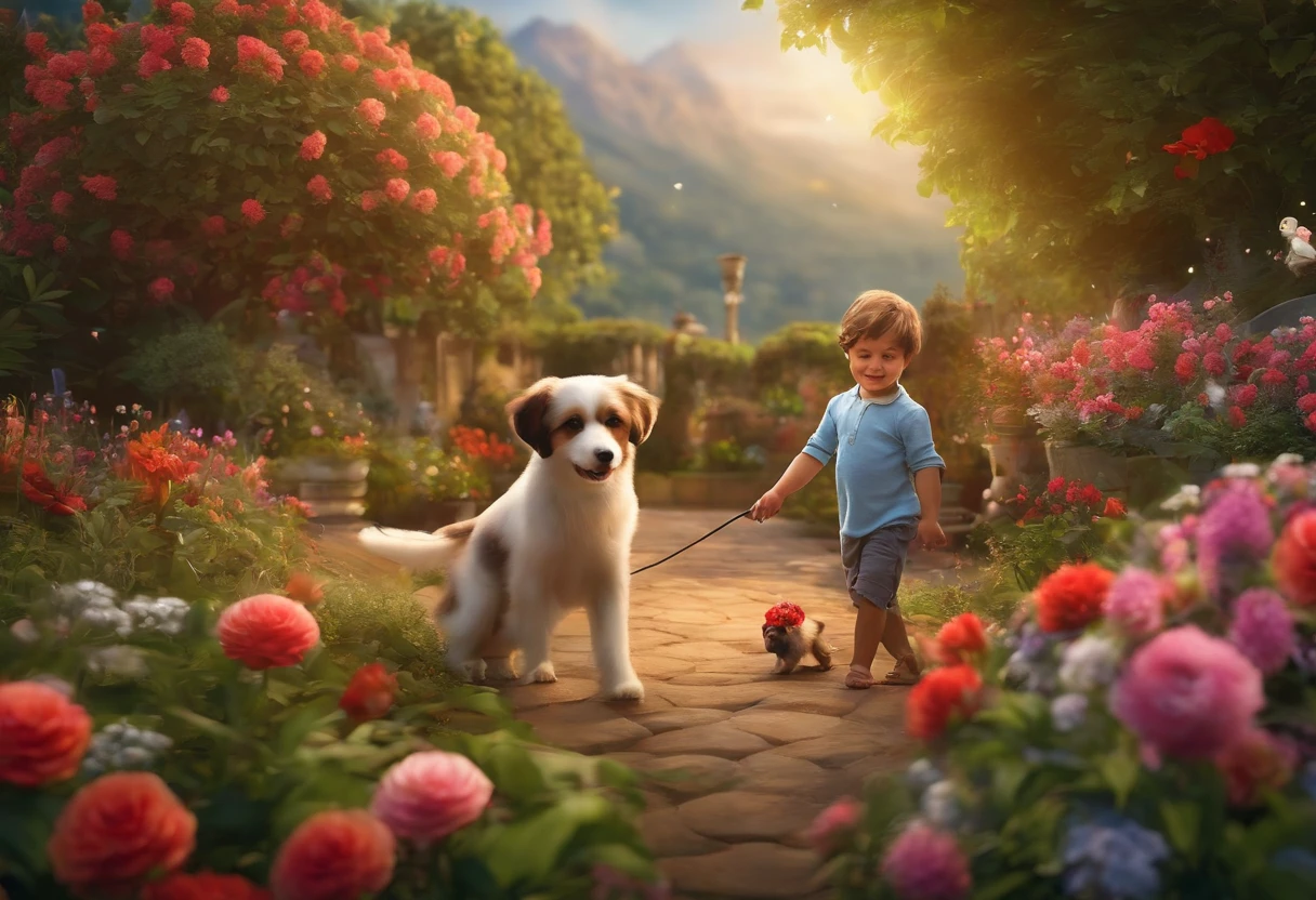 Create a high-quality image,Capture the pure joy and innocence of childhood. In an amazing garden, Covered with plenty of flowers and a vibrant core, A , His eyes were full of wonder, Stay with a loyal and affectionate dog. One child, Abour yearsght of happiness. She wears colorful clothes,Complement the surrounding flowers. When she reached out to pet the dog,A charming smile appeared on her face. Her eyes sparkled with curiosity and genuine joy. doggy, Four-legged friend, It is depicted as a docile and loyal creature. Your skin is soft and shiny, With intricate details that accentuate its texture. He tilted his head gently towards the child, Show the special connection between them. Their eyes express love and devotion. The garden is full of brightly colored flowers, Create tons and aromas of explosions. Each flower is depicted in high-level detail, Realistically show the details, Drawings and drawings. The sun fell softly on the scene, Enhances the vibrant core and creates soft shadows. The composition of the image should be cinematic, The frame highlights the child and the dog amid lush flowers, Evoke a sense of wonder and awe. Lighting should create a magical atmosphere, Emphasize the emotional connection between the child and his faithful canine friend. This image should convey the beauty of childhood, The joy of discovery and the purity of friendship between man and animal. Every detail has to be carefully rendered,in order to create works of art with visual shock and emotional impact.