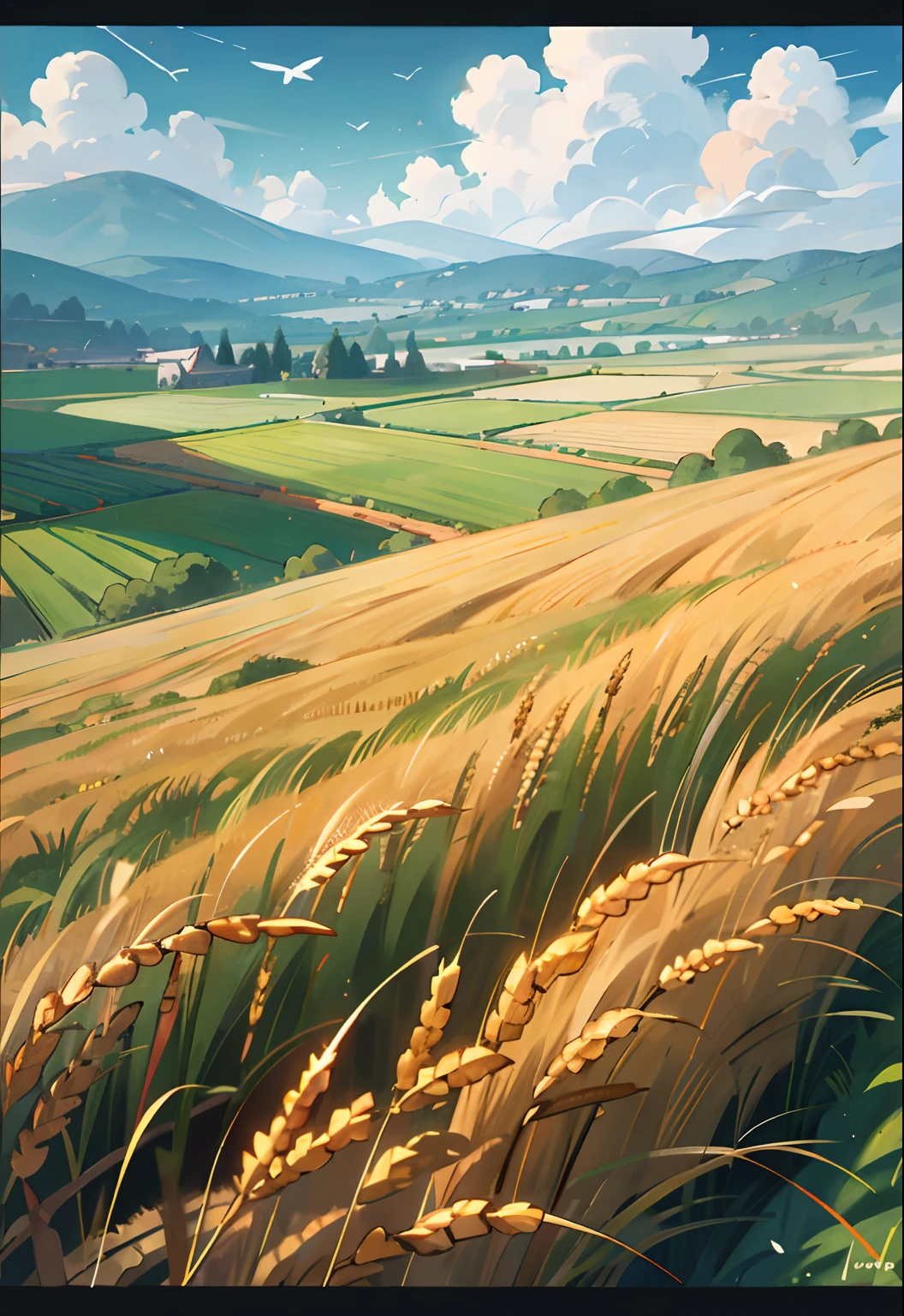 Green wheat fields with cuckoos flying in the sky