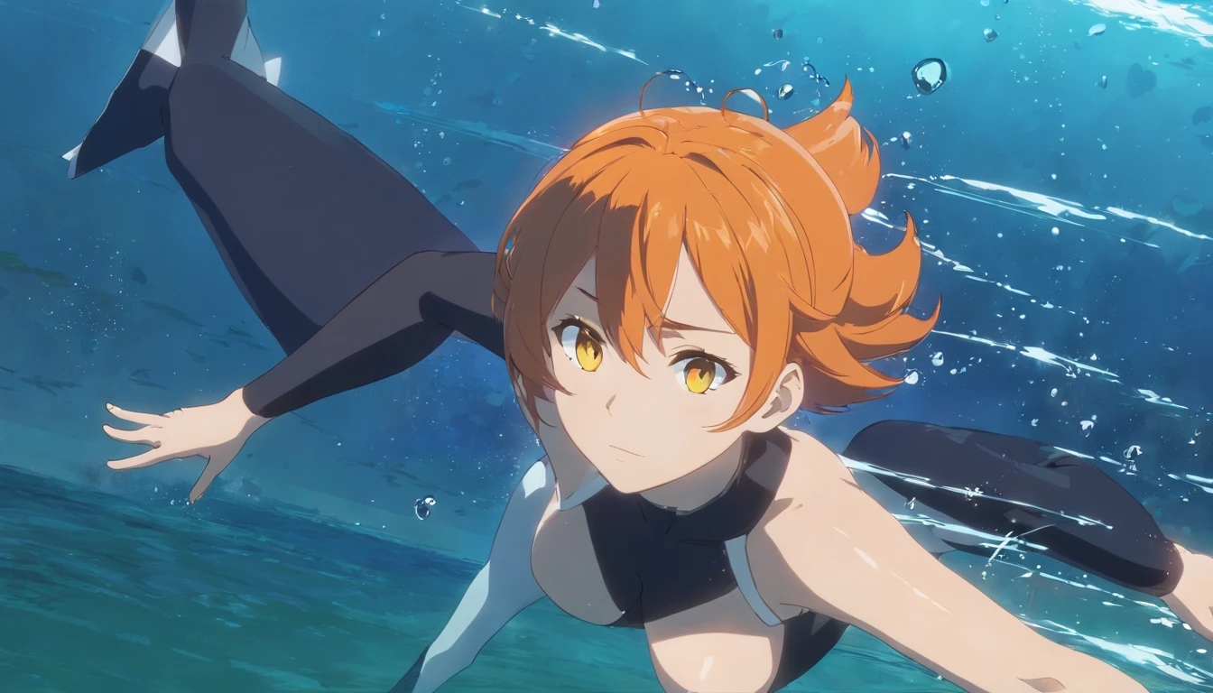 1 female、Orange hair、huge tit、Huge ass、Black rubber suit、yellow  eyes、under the water