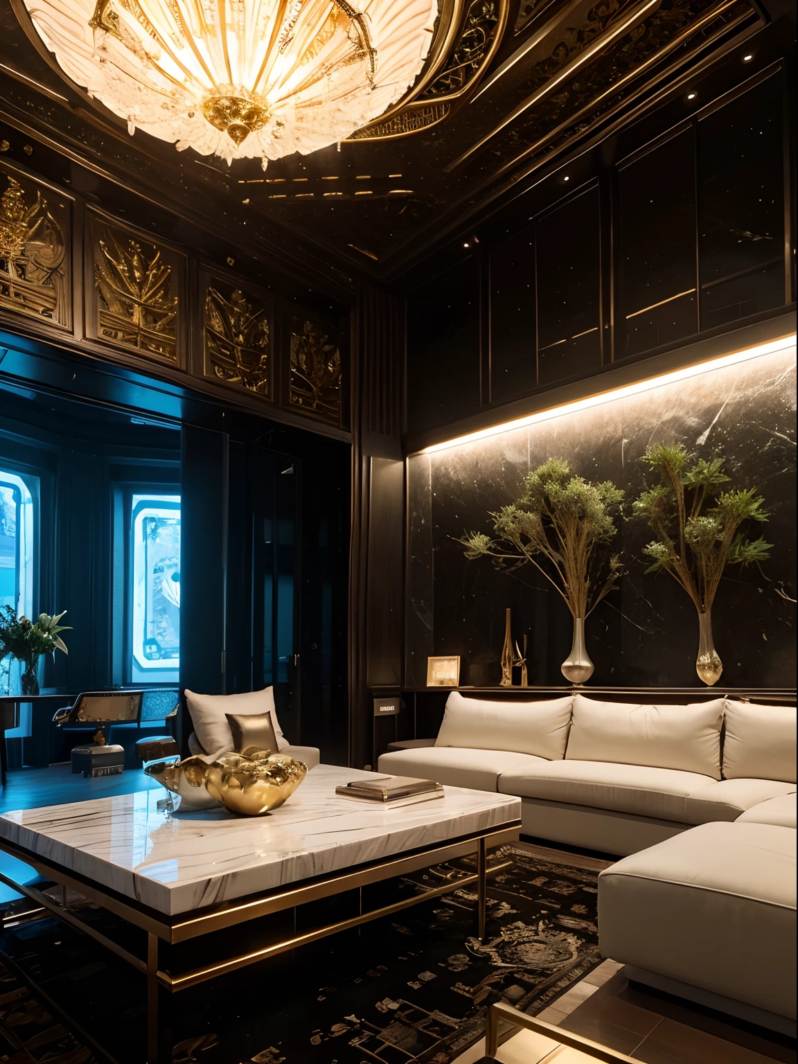 Incredibly luxurious futuristic black living room interior,lotus flower,palmeiras,hyeroglyphics,trpical garden,Rock walls,sand,marbled,minerais preciosos,metals,Pedras preciosas,crystal,clouds and water,Ultra Luxo,black marble,cinematic ligh,epic,– With beautiful lights,unreal-engine,hqr,16k