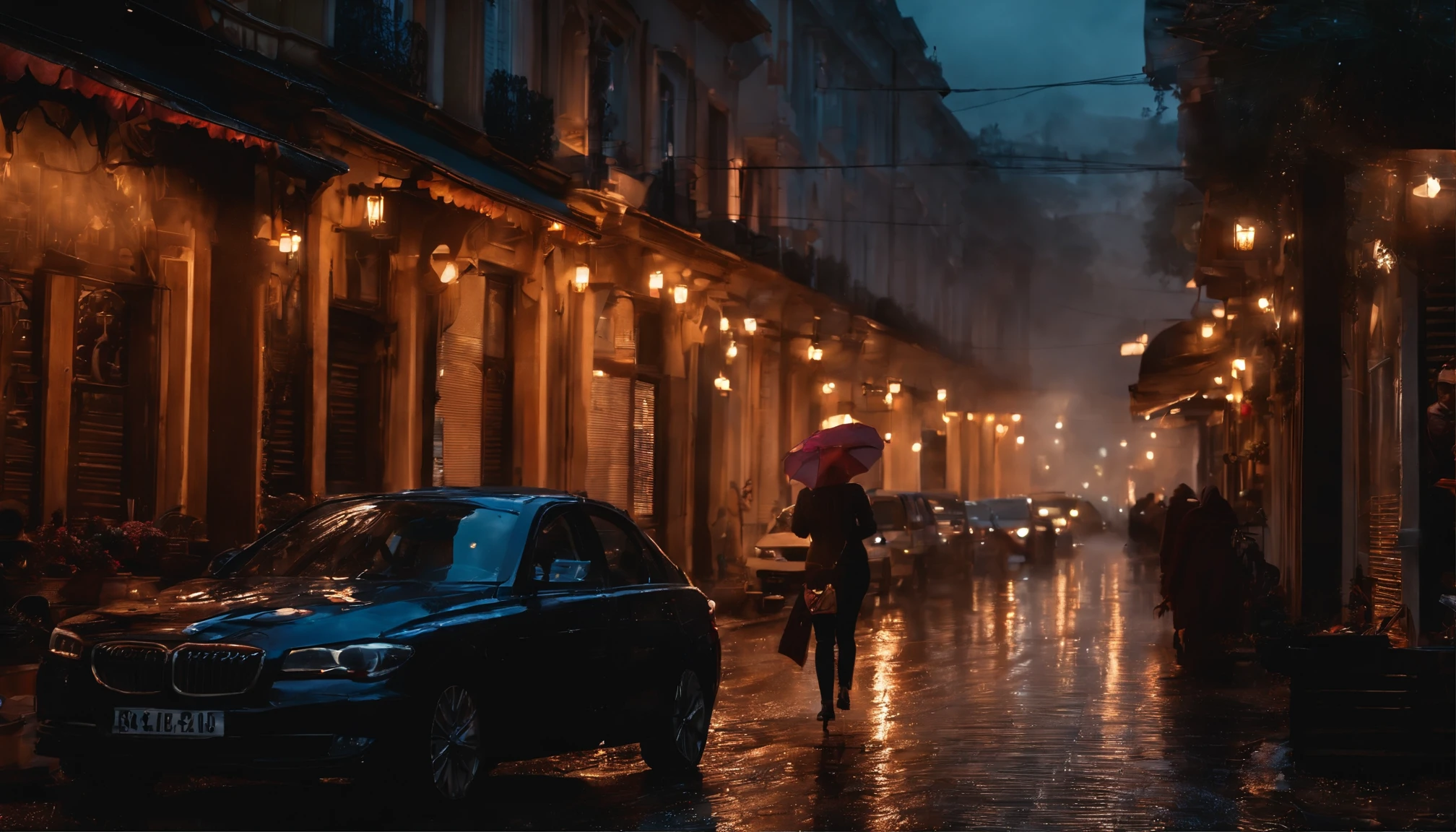 the street,raining day,one-girl,Walk on the main road,There are a lot of people on the street,There is lightning in the sky,The shops on the street were on fire,Flames