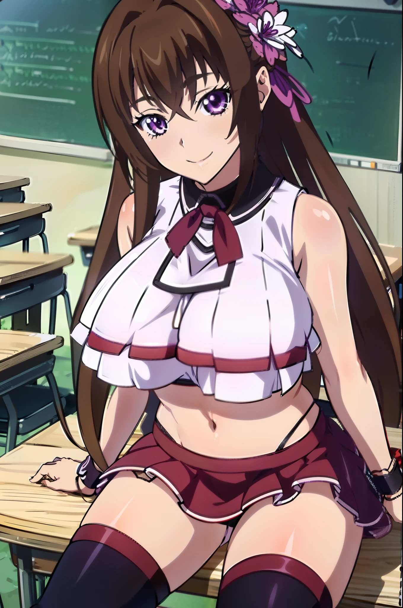 masterpiece, best quality, extremely detailed, 1girl, mature female, solo, Venelana Gremory dxd, (huge breasts:1.6), ((brown hair, very long hair, purple eyes)), parted lips, ((sleeveless shirt, layered shirt, layered skirt, crop top, wrist cuffs, gradient legwear, red thighhighs, high heels, boots, hair flower, ribbon)), naughty smile, ((sitting on the table, classroom))