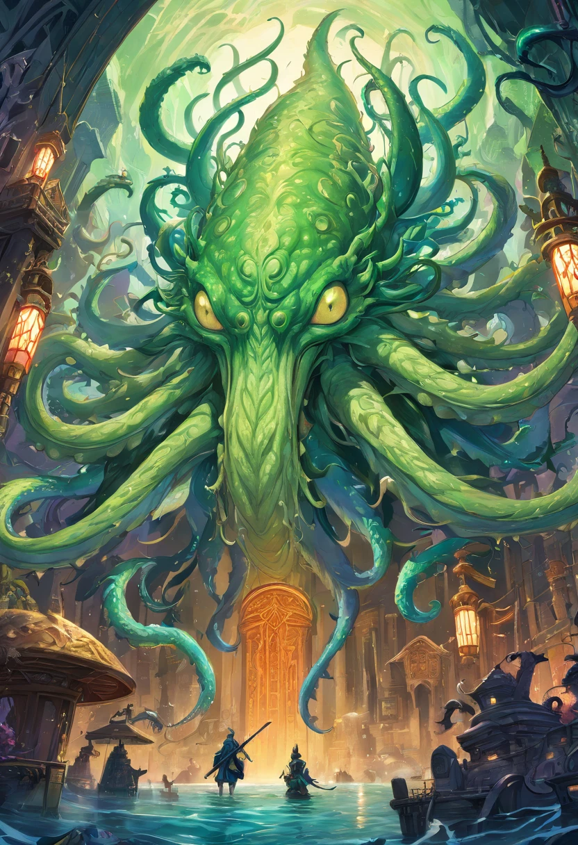 Cthulhu is a pumpkin monster among candy candles and dice, on a ship playing a board game with a vampire, bats flying around,