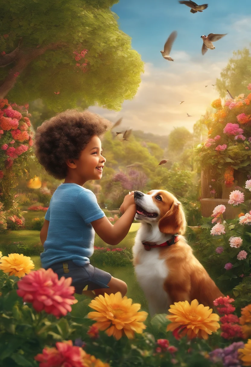 Use artificial intelligence to create an image with a lot of detail. The scene is meant to depict a happy playing with his dog in a garden adorned with a tumult of vibrant flowers and lush trees. Birds must be flying through the sky, aumentando a atmosfera animada e alegre do momento. Be sure to capture the exuberance and liveliness of the interaction between the child and their beloved pet, bem como a beleza natural do jardim florido, Para os melhores meandros.