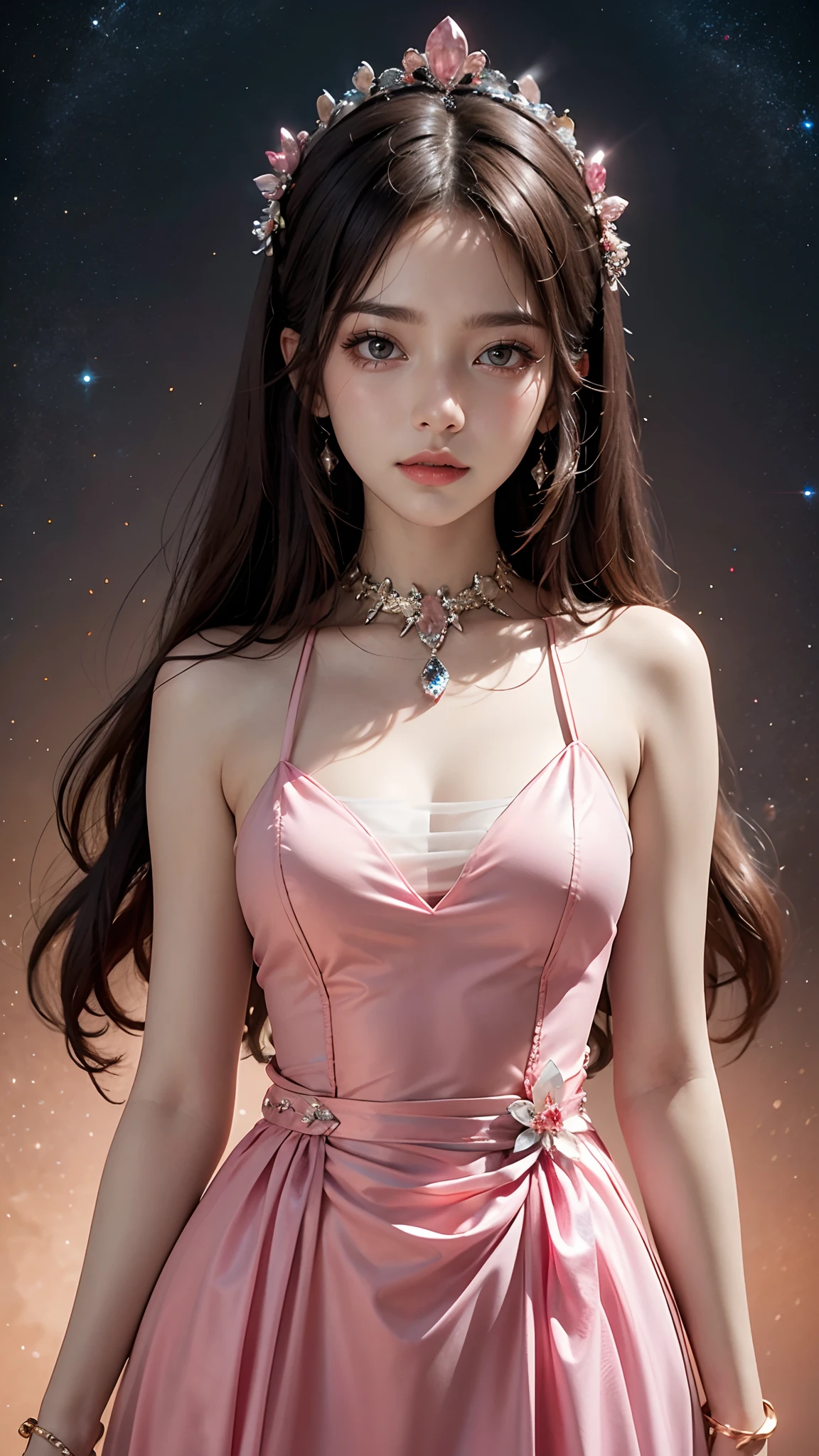 8K ultra hd, masterpiece, best quality, a beautiful girl, long hair, impressive hairstyle, crystal dress, pink dress, shining, glowing skin, pink lighting, space background, whole body capture,