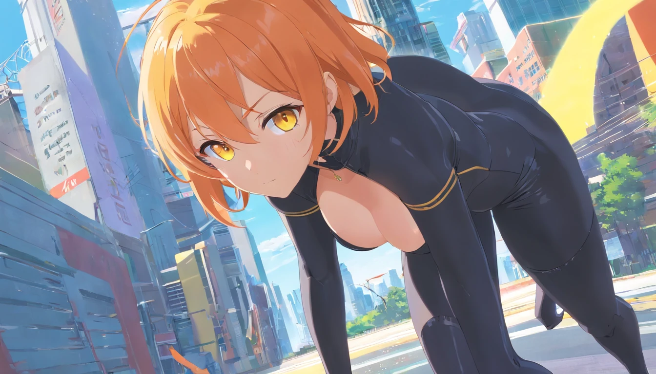1 female、Orange hair、huge tit、Huge ass、Black rubber suit、yellow  eyes、Short Bob