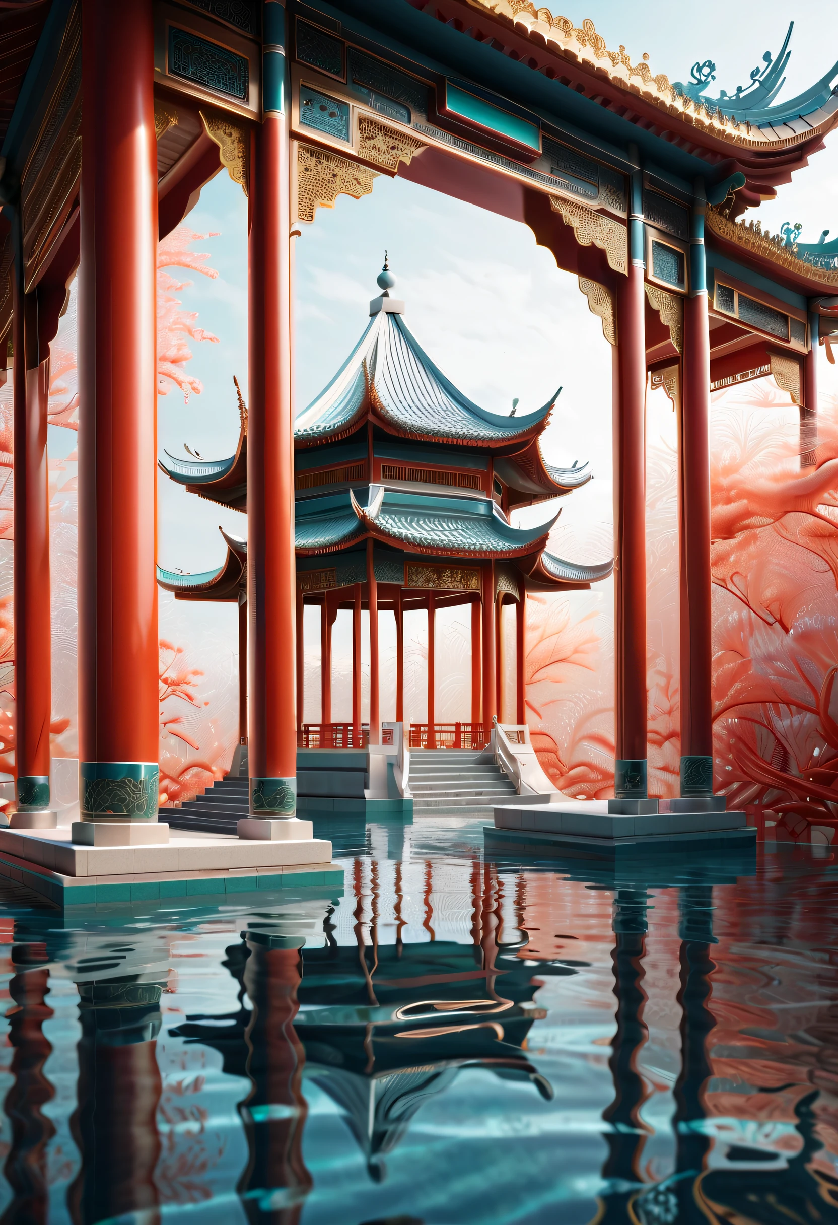 A glazed oriental building with a gazebo is underwater,Chinese style cornices,transparent medium, the interior of the building glows,Nestled in dense coral,Glazed color,Gold White Silver,Long Shot, imaginative concept design, minimalism, neo-futurism,clear details, HD
