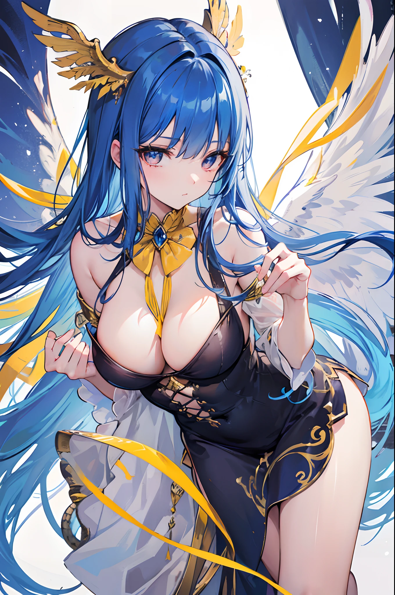 Highly detailed, Has angel wings, Seductive Woman , Long blue hair , reddish brown eyes , Reptile tail , Wearing a yellow ribbon in her hair