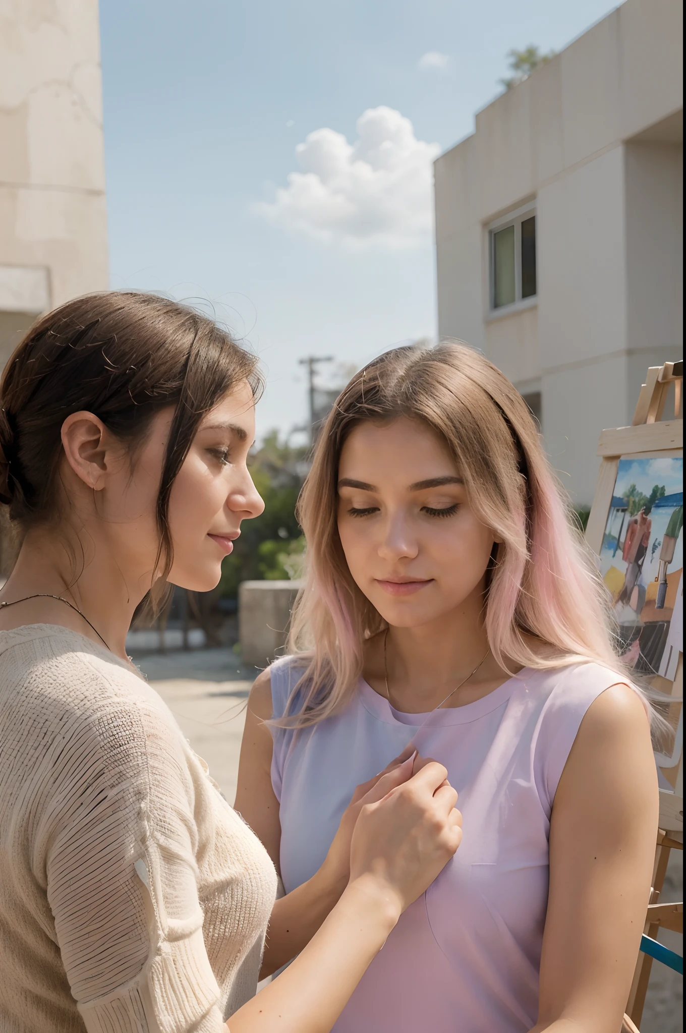 An image that shows people connecting and sharing moments of support and understanding. This symbolizes the importance of building strong relationships and seeking support during the recovery process. Use a painting technique with muted colors and pastels, conveying a sense of warmth and emotional connection.