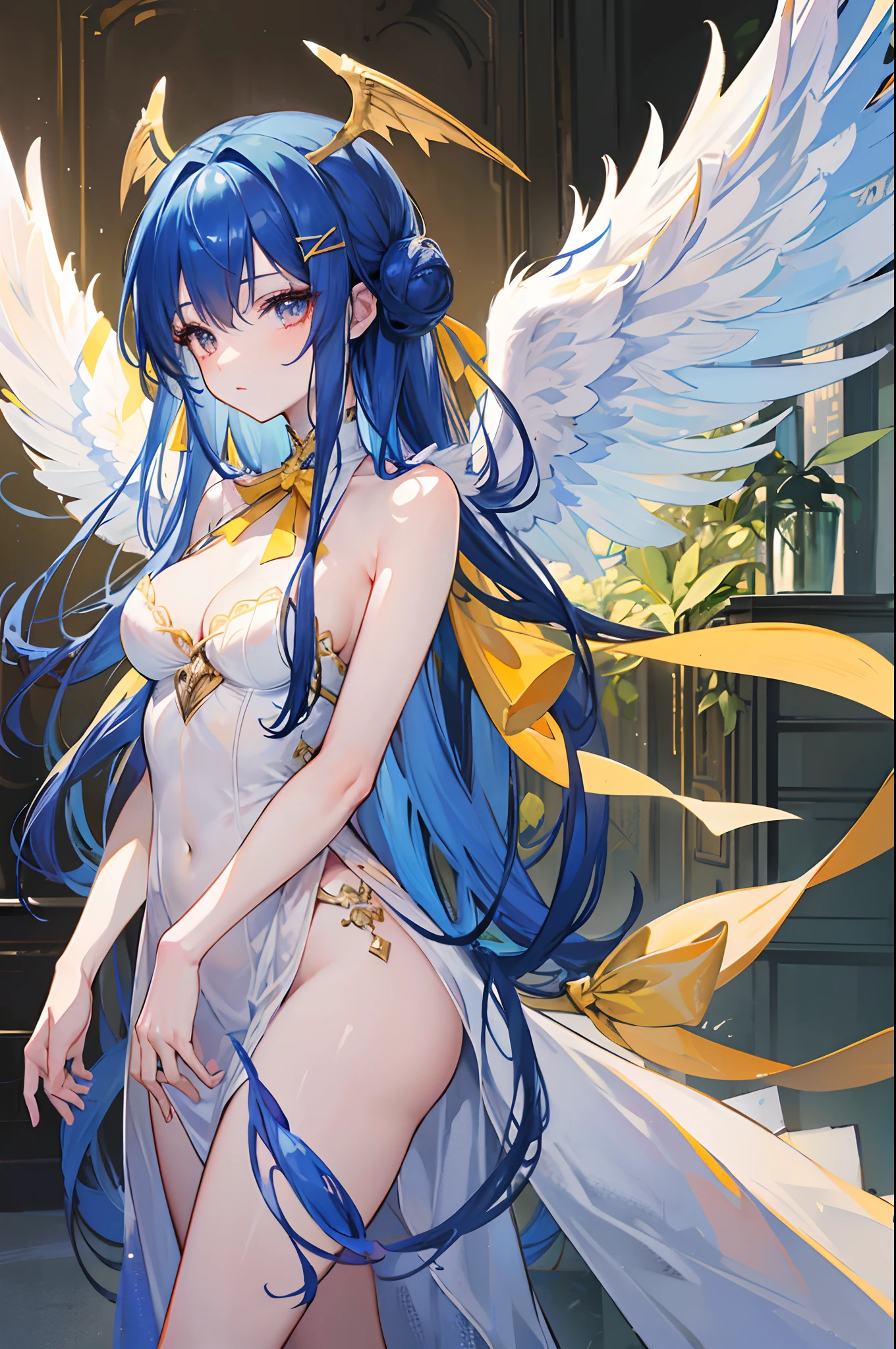 Highly detailed, Has angel wings, Seductive Woman , Long blue hair , reddish brown eyes , Reptile tail , Wearing a yellow ribbon in her hair