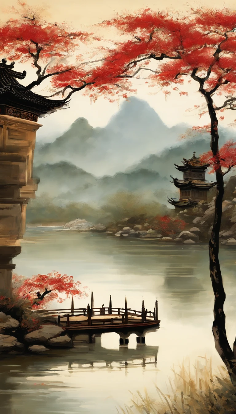 In the background is a painting of a pagoda and a tree, inspired by Chang Dai-chien, Inspired by Huang Binhong, inspired by Xu Beihong, qing dynasty painting, Inspired by Li Keran, author:Qi Baishi, inspired by Fu Baoshi, Tradition Chinese Ink Painting