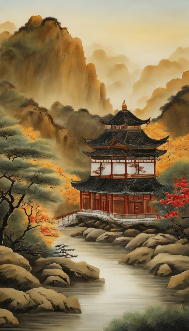 In the background is a painting of a pagoda and a tree, inspired by Chang Dai-chien, Inspired by Huang Binhong, inspired by Xu Beihong, qing dynasty painting, Inspired by Li Keran, author:Qi Baishi, inspired by Fu Baoshi, Tradition Chinese Ink Painting