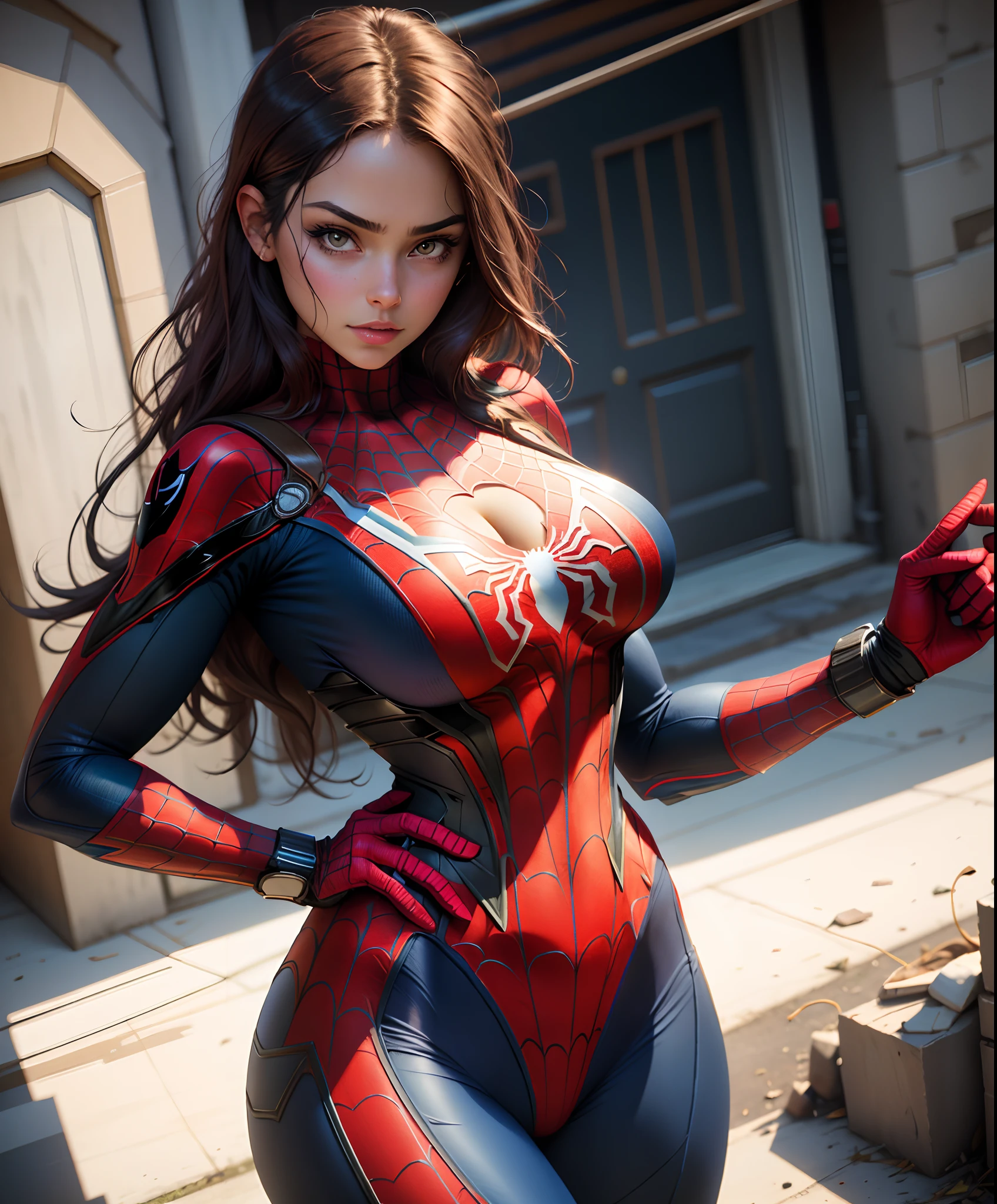 Raw foto,Beautiful woman ,detailed the outlined body with Spider-Man cosplay, very large breasts,tits big