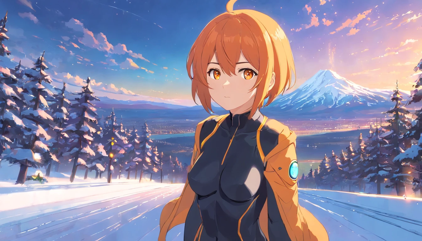 1 female、Orange hair、huge tit、Huge ass、Black rubber suit、yellow eyes、snowscape、Short Bob