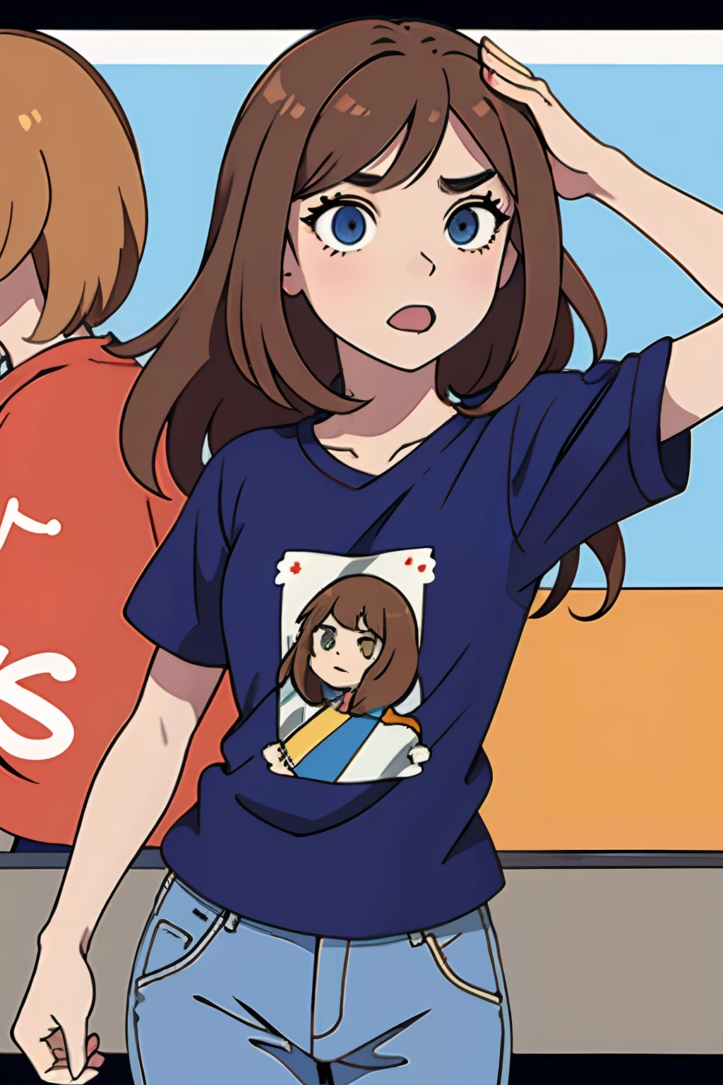 La mejor calidad ,pelo largo muy flaco , Caucasian anime girl max caulfield ,ojos grandes , Borrosa, , brown hair , feliz , , piel suave, , ojos expresivos , , , Camiseta roja de manga larga, Pantalones Jens ,