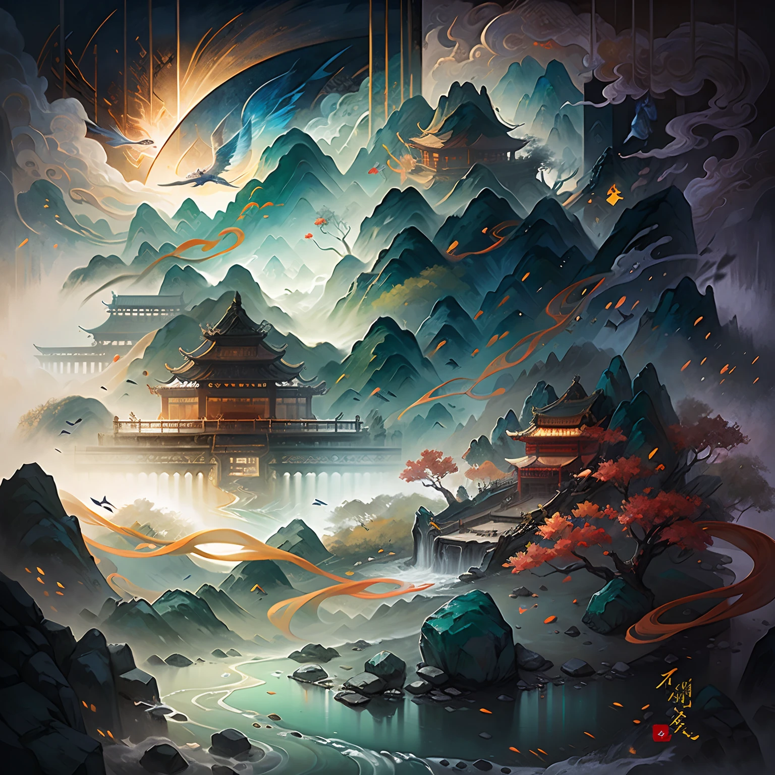 Chinese wind mountains, rivers, Auspicious clouds, Pavilions, rays of sunshine, tmasterpiece, super detailing, Epic composition, Ultra HD, high high quality, ultra - detailed, offcial art, 统一 8k 壁纸, super detailing, 32K