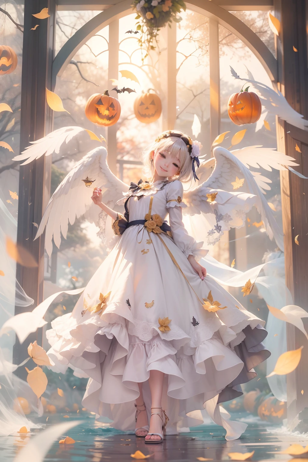 A ray of hope、Beautiful Angel、Halloween、doa、Calm and fantastic background、Gentle smile、aureole