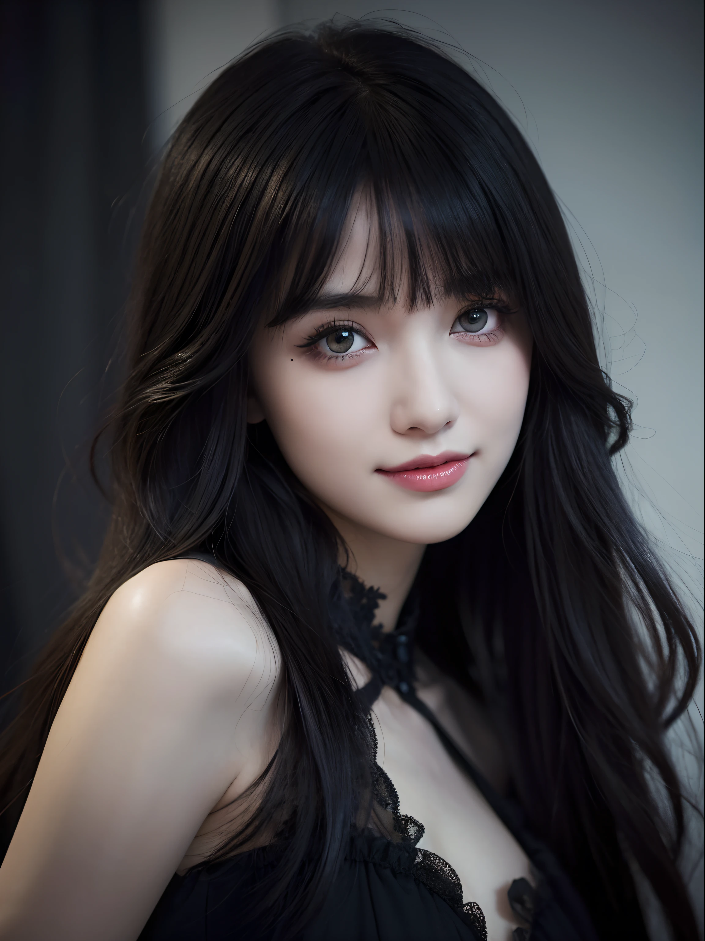a beautiful girl, extremely detailed beautiful face, bangs, black hair, long messy hair, grin, gothic setting, high detailed eyes make up, bright eyes,(((looking at viewer))), depth of field, best quality, masterpiece, highres, highly detailed, award winning