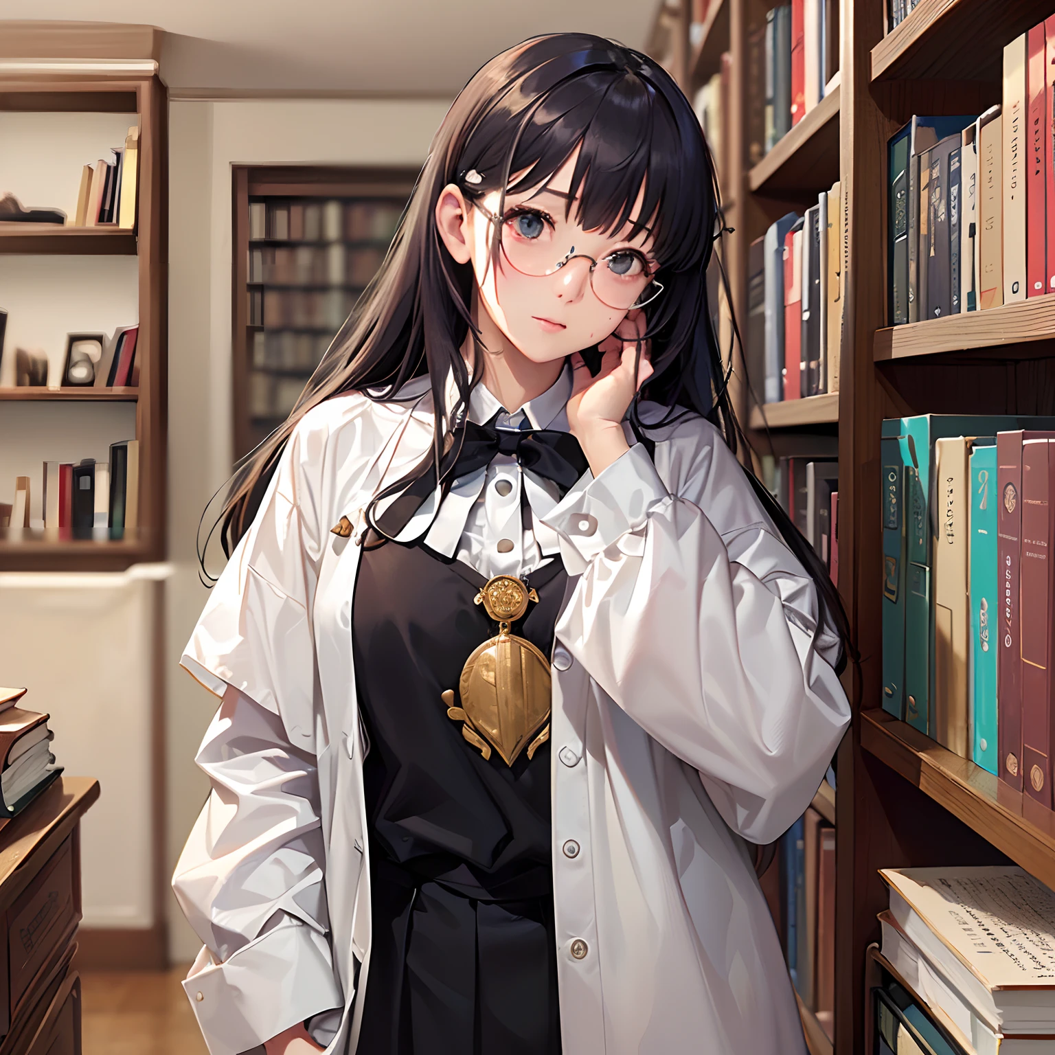 ​masterpiece、top-quality、High-quality images、hight resolution、8K、1lady、detaileds、Detailed eye depiction、skin gloss、Lustrous hair、　　　((Favorite hair color today))((More disheveled hair、I'm wearing round glasses、real  face、Good posture、Monacaware、Its name is Monaca Kashino:1.3))、　　((obedient character、Not very confident、Emotional manifestation:1.2))　((Narrow old room、Lots of bookshelves、Pile of used books))　　　　　　　　　　　　　　　She's a nasty girl、She's an embarrassing daughter