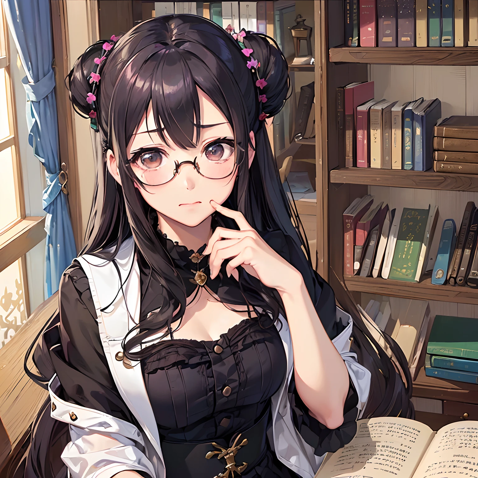 masterpiece、top-quality、High-quality images、hight resolution、8K、1lady、detaileds、Detailed eye depiction、skin gloss、Lustrous hair、 ((Favorite hair color today))((More disheveled hair、I'm wearing round glasses、real face、Good posture、Monacaware、Its name is Monaca Kashino:1.3))、 ((obedient character、Not very confident、Emotional manifestation:1.2)) ((Narrow old room、Lots of bookshelves、Pile of used books)) She's a nasty girl、She's an embarrassing daughter