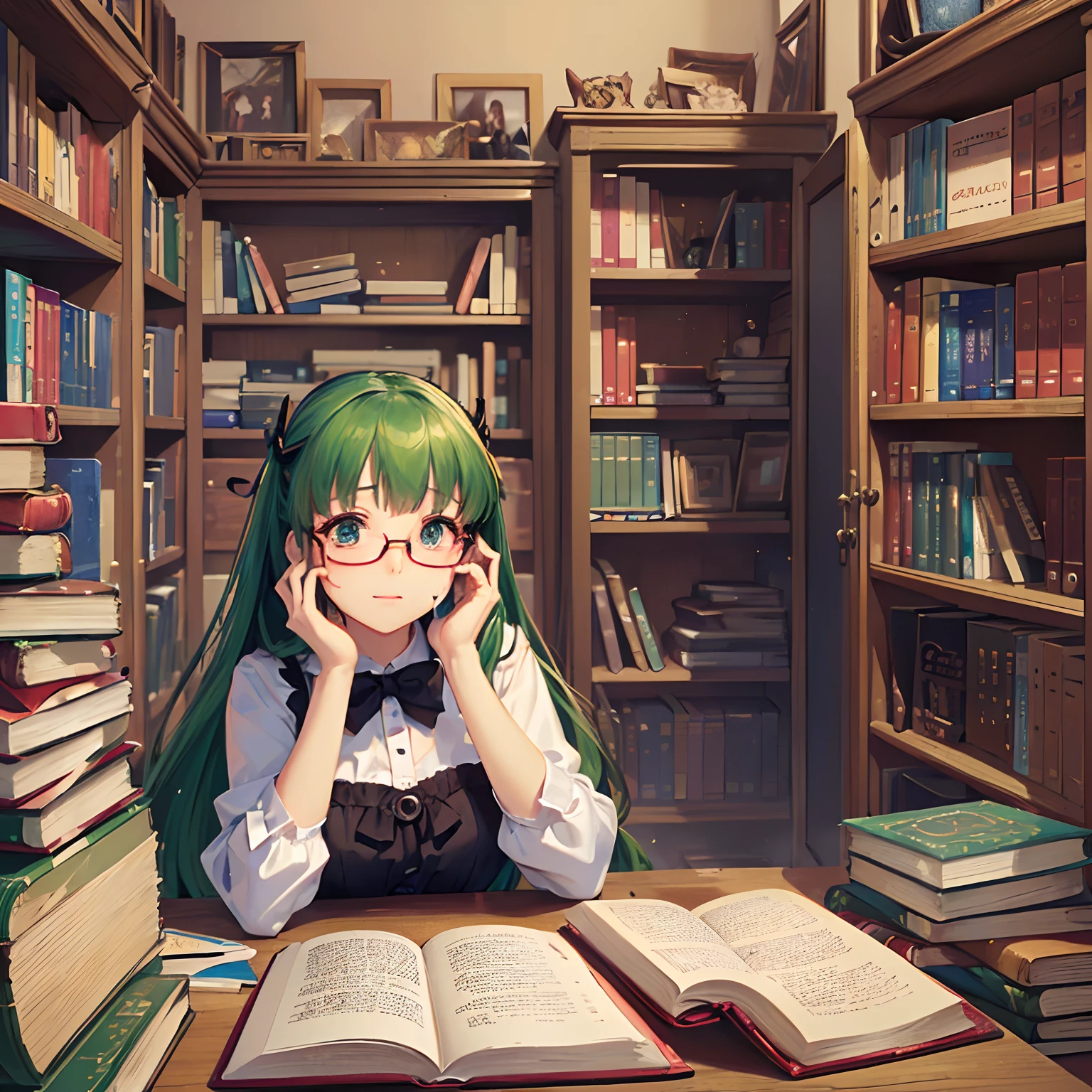 masterpiece、top-quality、High-quality images、hight resolution、8K、1lady、detaileds、Detailed eye depiction、skin gloss、Lustrous hair、 ((Favorite hair color today))((More disheveled hair、I'm wearing round glasses、real face、Good posture、Monacaware、Its name is Monaca Kashino:1.3))、 ((obedient character、Not very confident、Emotional manifestation:1.2)) ((Narrow old room、Lots of bookshelves、Pile of used books)) She's a nasty girl、She's an embarrassing daughter