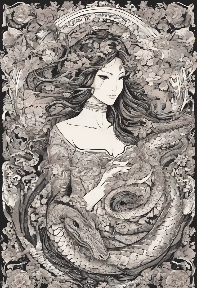 alta qualidade, 8k realista, textura detalhada ,Mythical monster with woman's head with serpent's body, um belo rosto, com cabelos longos, olhos de cobra, parte superior do corpo ( Uma bela mulher sexy de seios fartos), parte inferior (um corpo de serpente) seios a mostra, sem roupa