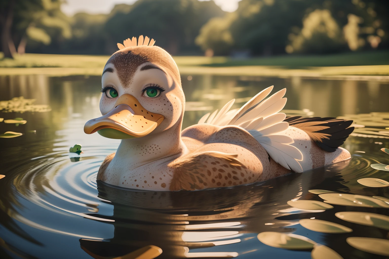 ((Naked)), ((Solo woman outside near a pond)), pale,full pov, ((freckled)), ((big freckles)), cute freckles, ((nose freckles)), ((hint of freckles)), ((woman with freckles)), ((shoulder freckles)), ((freckles!!!)), ((freckled arms)), ((back freckles)), ((freckled chest!!!)), ((light cute freckles)), ((sparse freckles)), ((mouth turns into duck bill)), ((duck bill muzzle)), ((fluffy)), fluffy woman, ((body feathers)), two-tone fur, gaze at the viewer, half-closed eyes, 1girl, solo, full body, (masterpiece:1.21), (best quality:1.2), (illustration:1.2), (cinematic lighting:1.3), ((detailed fur)), balanced coloring, global illumination, ray tracing, good lighting, center focus, ((arms turns into wings)), ((body covered in green duck feathers)), ((duck face))