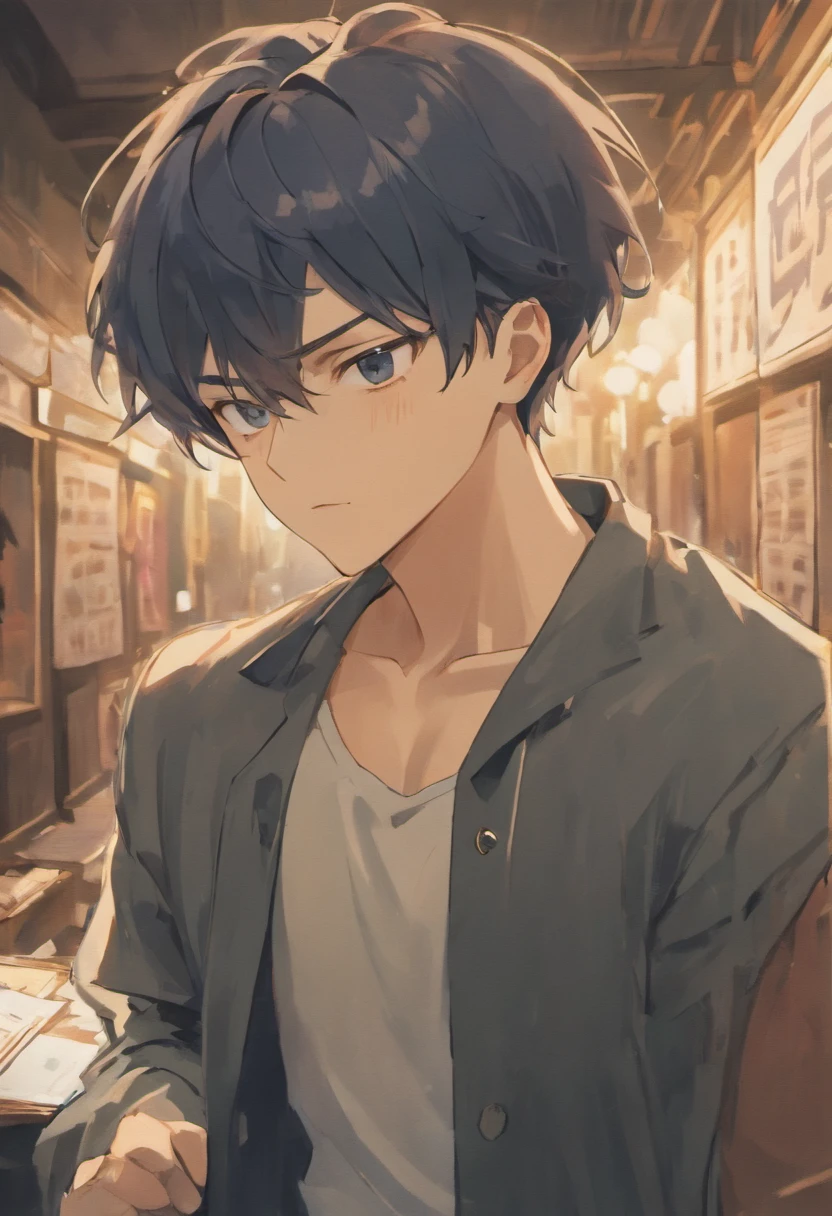 anime boy with a shirt on leaning on his chest, kentaro miura manga style, manga style of kentaro miura, kentaro miura manga art style, kentaro miura!, tanaka suguru, anime handsome man, biting lip, tatsuya endo, cover manga, ((tatsuro yamashita)), makoto