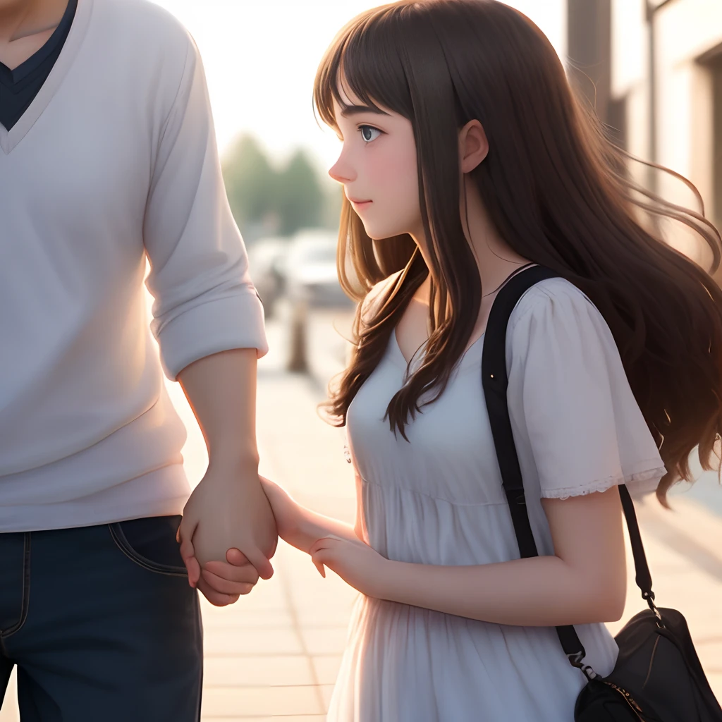 a teenage girl holding her father's hand