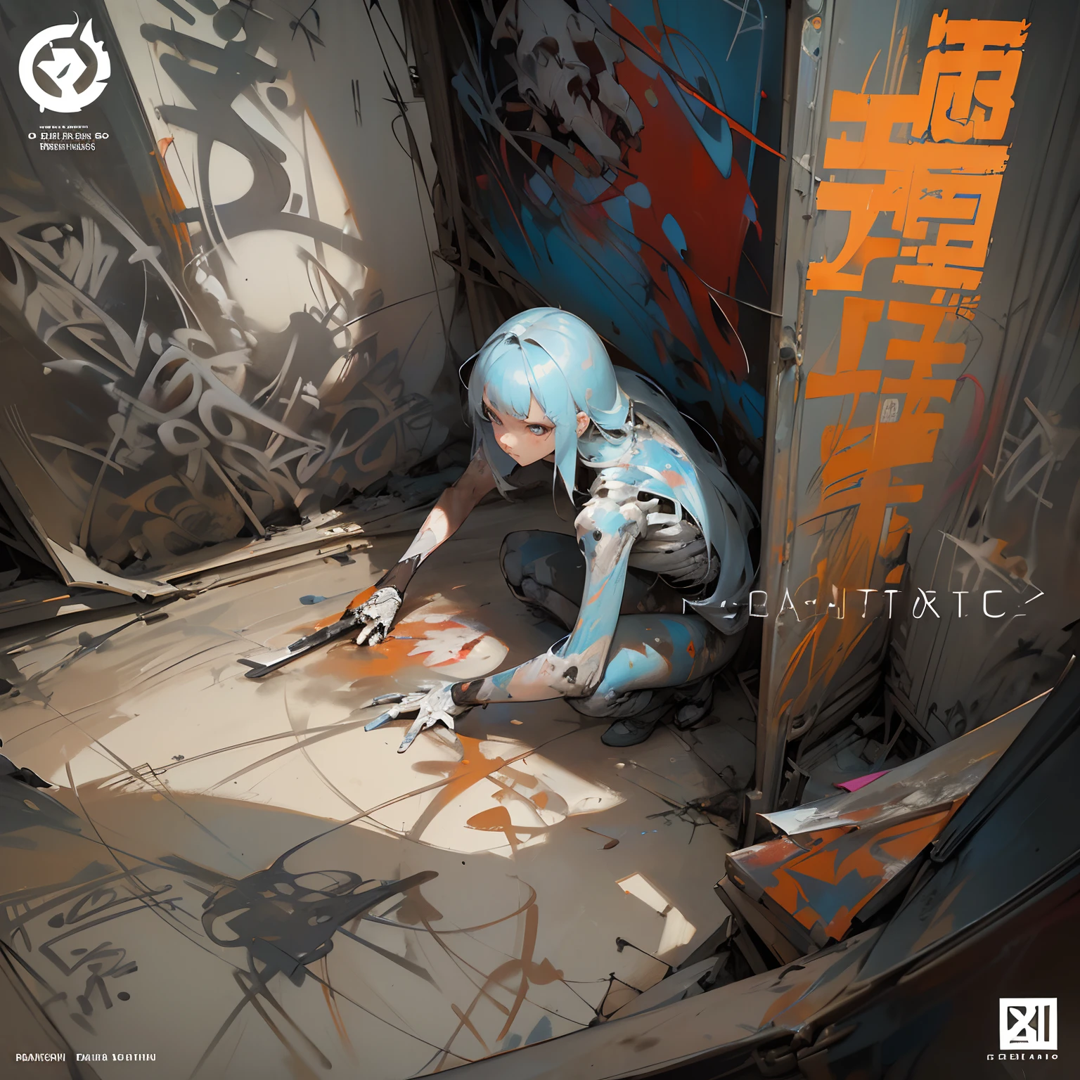 Benedick Bana (Comic_Cover painting:1.3) of (1Skeleton~girl hybrid, solo, barehands) on a Halloween biome background , ((pose: squatting pose, full-length portrait)) from above view, neon trim, cyberpunk, dark alley, dirty alley, dystopian, post-apocalyptic cyberpunk noir, less than ideal, scavenger, haunted eyes, bio-electric energy colors, by Henry Asencio, by Ross Tran , best anatomy , (grafitticore & cartoon style:1.75) , ((centered)), ((facing viewer)), (((front view))) , headroom ,