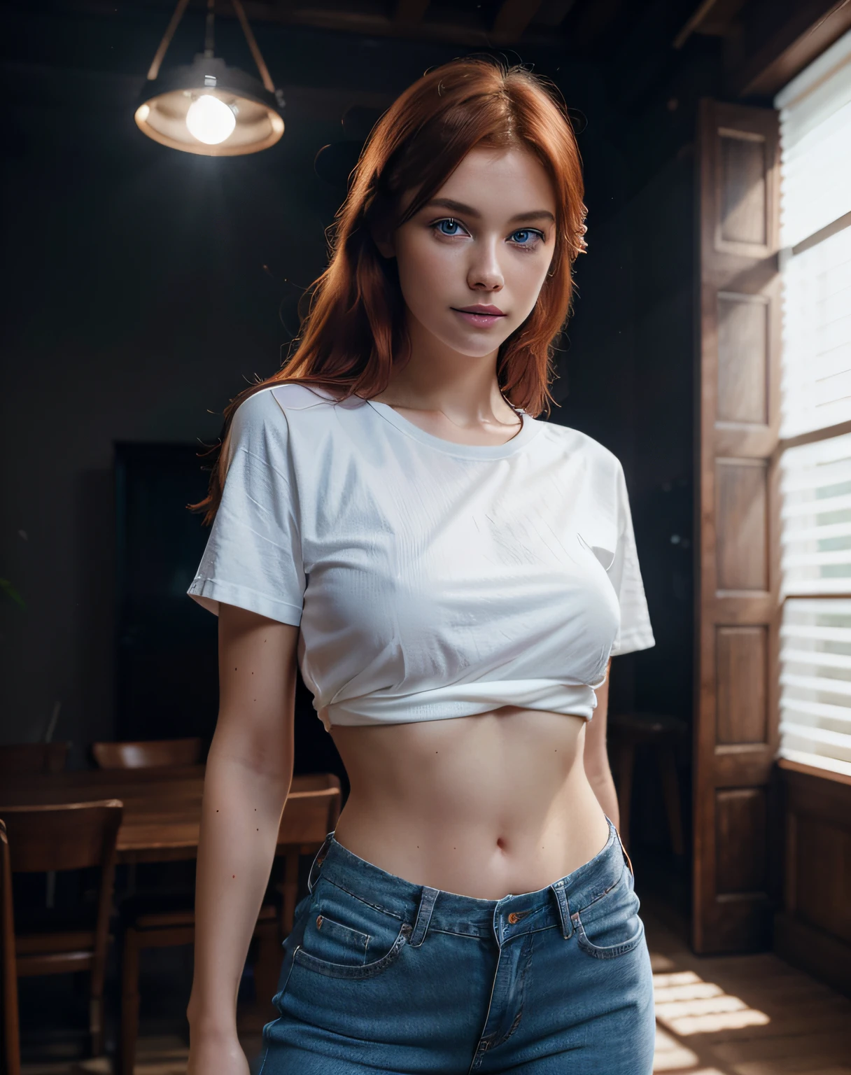 beautiful european girl with blue eyes and red hair, wearing jean pants and white croopted t-shirt, smilling, ultra high resolution, (photorealistic: 1.4), high resolution ,( blue eyes), (finely detailed skin), (perfectly proportions) (photos realistic) (masterpiece) (photorealistic), ultrarealistic (Best Quality) (Detailed) photographed in a Canon EOS R5, 50mm Lens, F/2.8, (8K) (Wallpaper) (Cinematic lighting) (Dramatic Lighting) (Convoluted) Fashion