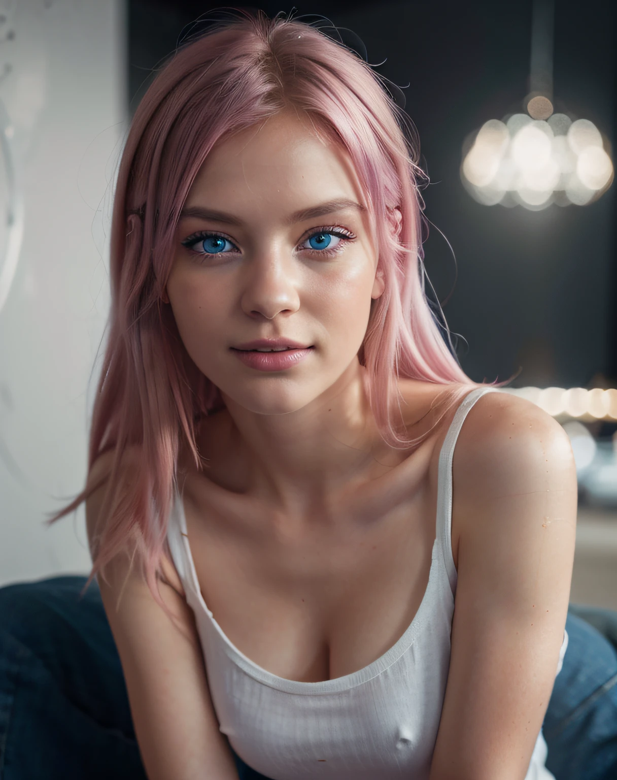 beautiful european girl with blue eyes and pink hair, wearing jean pants and white croopted t-shirt, smilling, ultra high resolution, (photorealistic: 1.4), high resolution ,( blue eyes), (finely detailed skin), (perfectly proportions) (photos realistic) (masterpiece) (photorealistic), ultrarealistic (Best Quality) (Detailed) photographed in a Canon EOS R5, 50mm Lens, F/2.8, (8K) (Wallpaper) (Cinematic lighting) (Dramatic Lighting) (Convoluted) Fashion