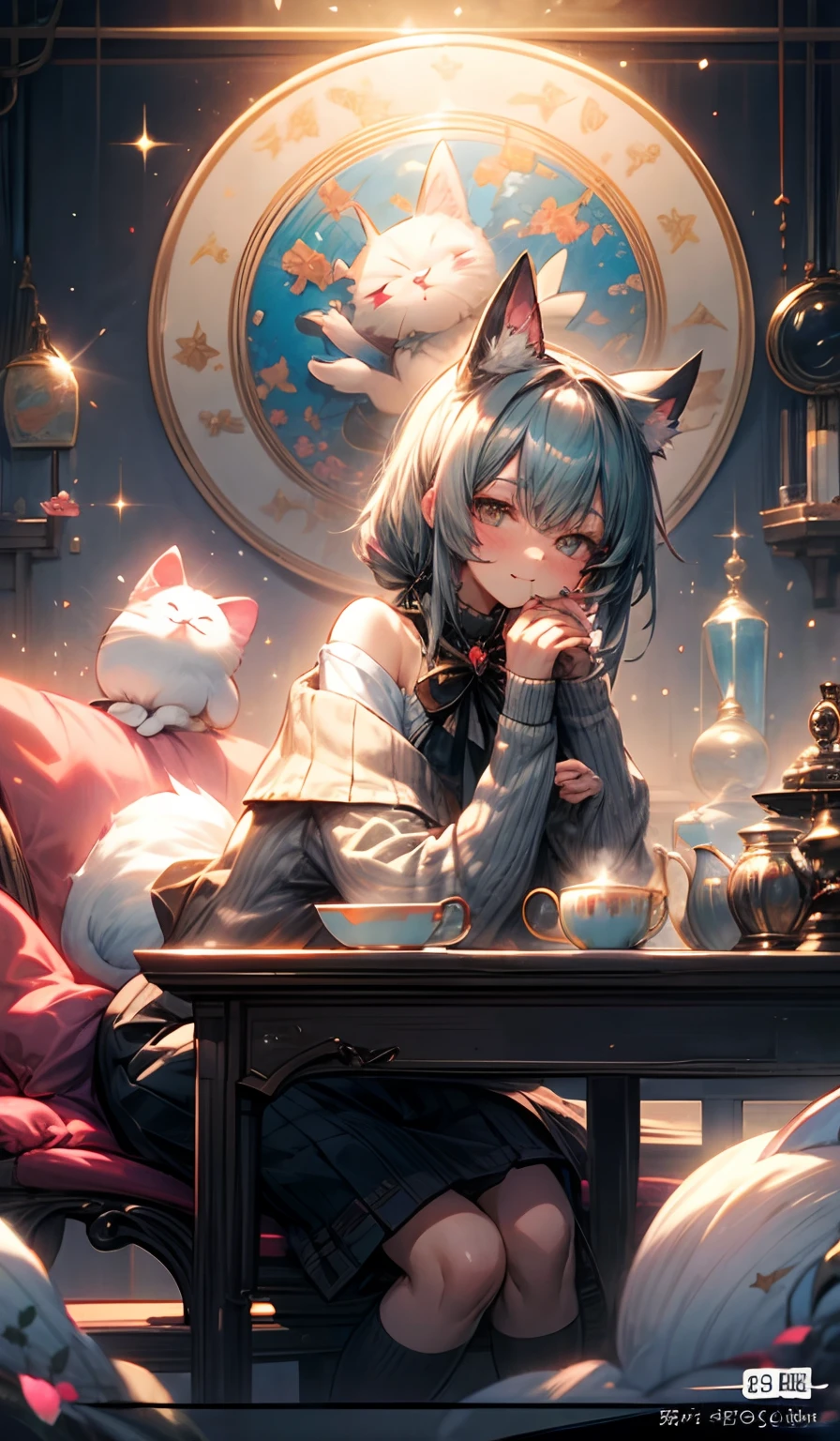 anime cat girl sitting on a bench with a plate of tea, loli, alchemist girl, guweiz, nightcore, mysterious coffee shop girl, artwork in the style of guweiz, anime illustration, trending on artstation pixiv, drinking tea, pixiv, digital art on pixiv, cafe, kawacy, guweiz on pixiv artstation, long gray teal hair, brown ayes, indoors, jingle bell, leaning forward, lens flare, looking at viewer, mouse, mug, neck bell, nekomata, off shoulder, Happy cat mouth, pink flower, ribbed sweater, saucer, smile, sparkle, stuffed cat, sweater, table, tea, teacup, teapot, vase, whiskers, white sweater,