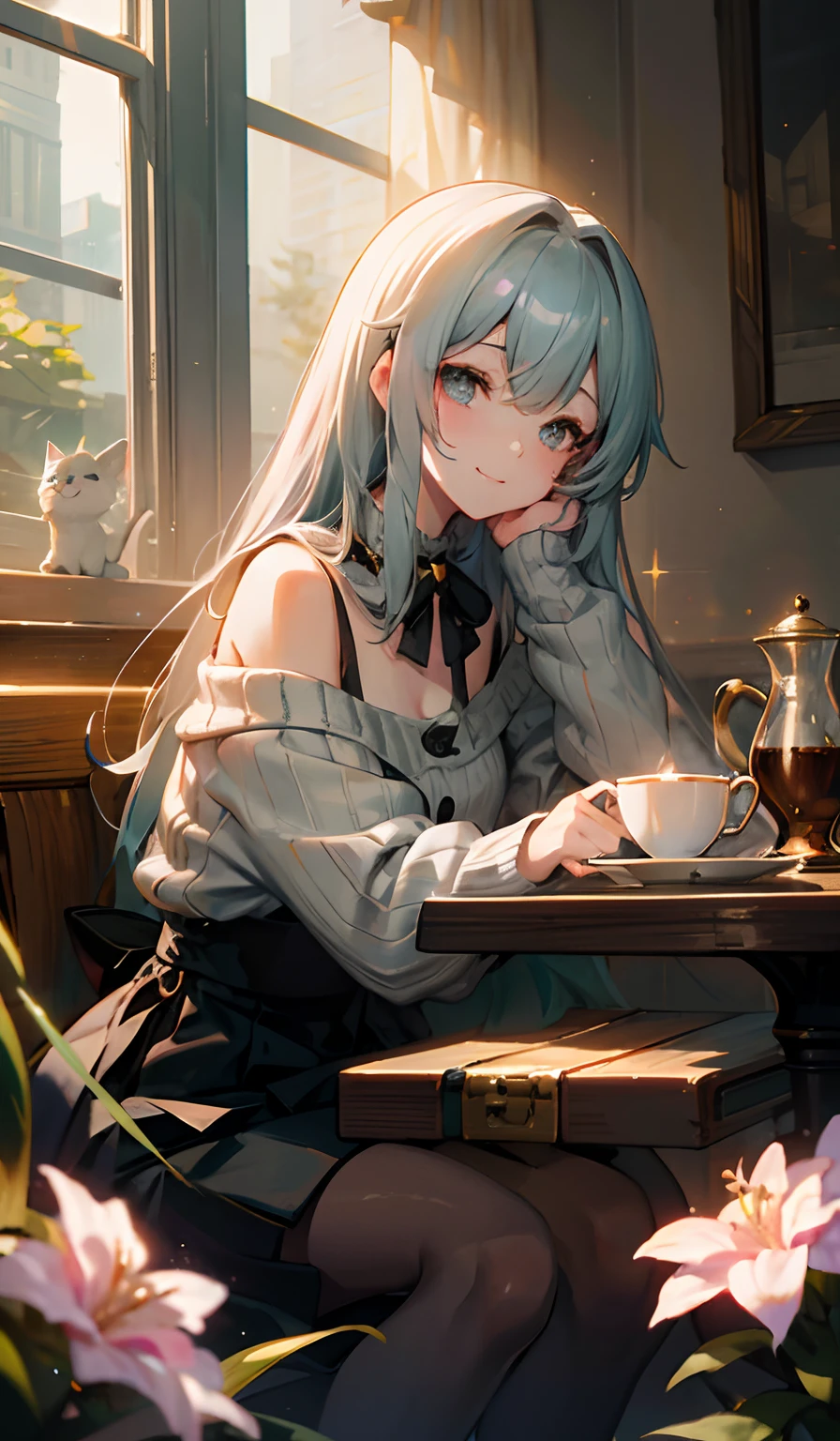 anime cat girl sitting on a bench with a plate of tea, loli, alchemist girl, guweiz, nightcore, mysterious coffee shop girl, artwork in the style of guweiz, anime illustration, trending on artstation pixiv, drinking tea, pixiv, digital art on pixiv, cafe, kawacy, guweiz on pixiv artstation, long gray teal hair, brown ayes, indoors, jingle bell, leaning forward, lens flare, looking at viewer, mouse, mug, neck bell, nekomata, off shoulder, Happy cat mouth, pink flower, ribbed sweater, saucer, smile, sparkle, stuffed cat, sweater, table, tea, teacup, teapot, vase, whiskers, white sweater,
