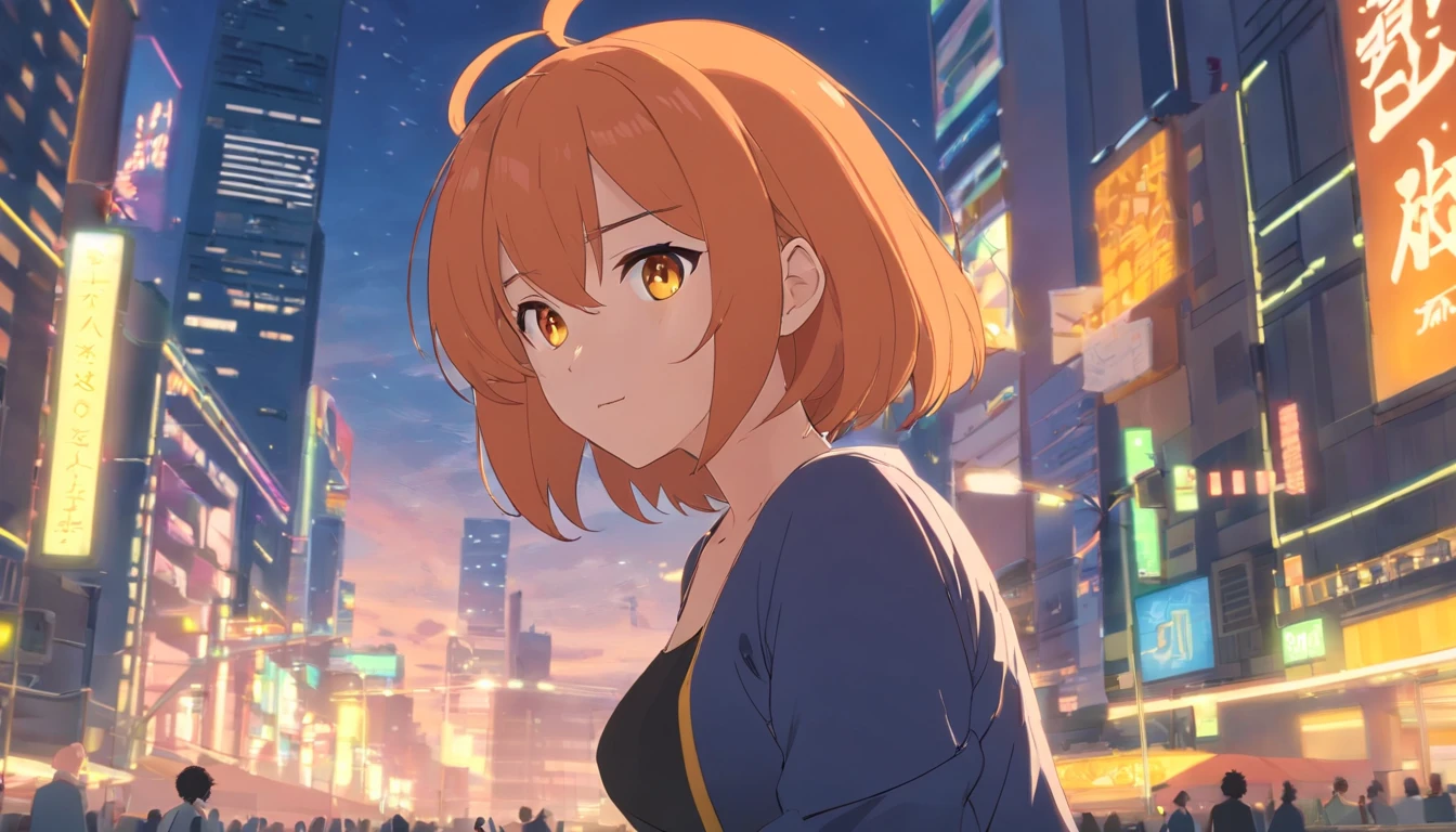 1 female、Orange hair、huge tit、Huge ass、Black full-length tights、yellow  eyes、Short Bob