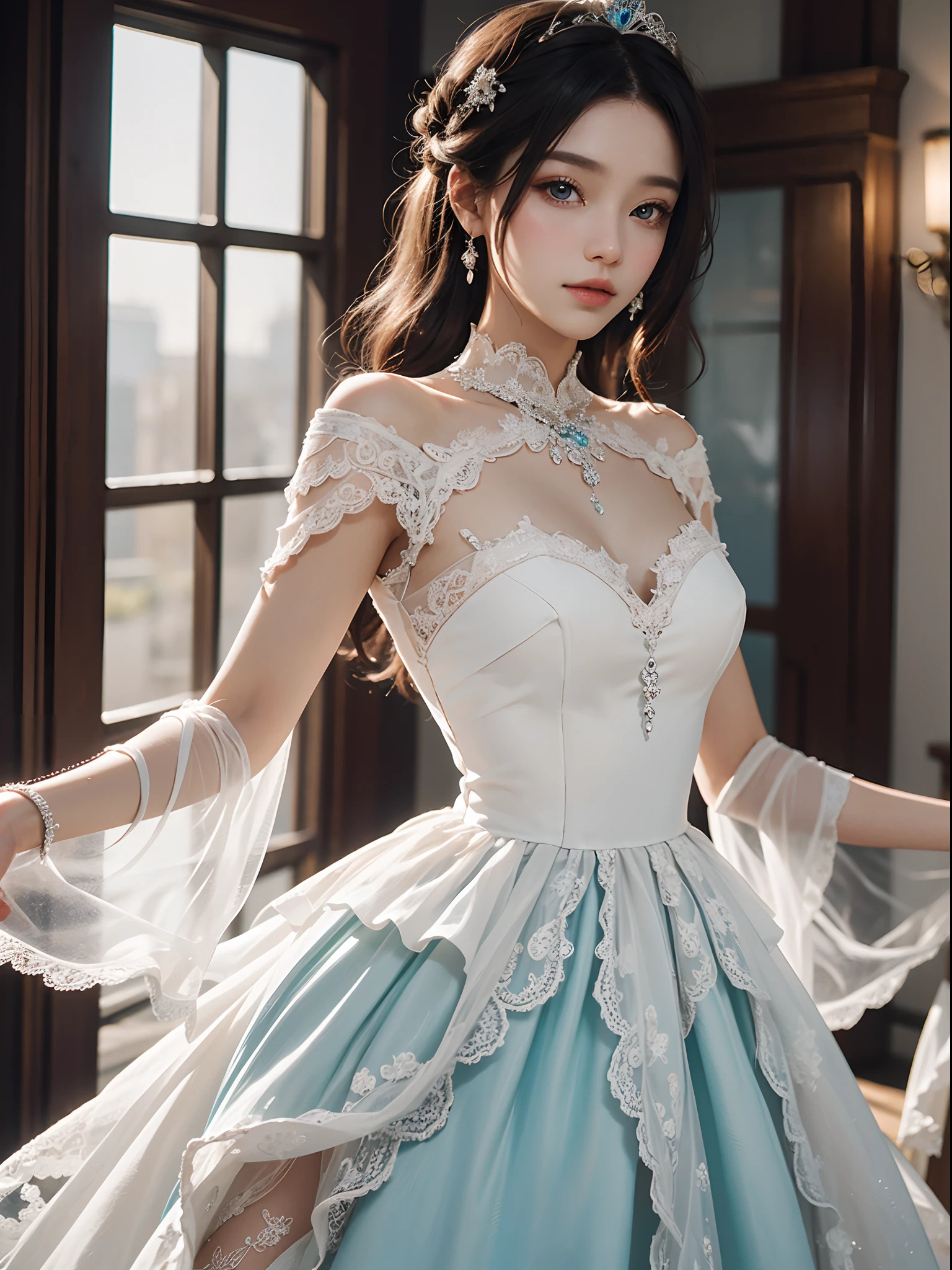 tmasterpiece,Best picture quality,HD 8K wallpaper,Beautiful picture,Elegant single woman,Round dress,Shiny eyes,Detail at its best,An exquisite masterpiece,Pure beauty and lightness,Moderately aesthetic,Gentle and elegant,Attention to detail,Cyan white lace round princess dress,Immortal