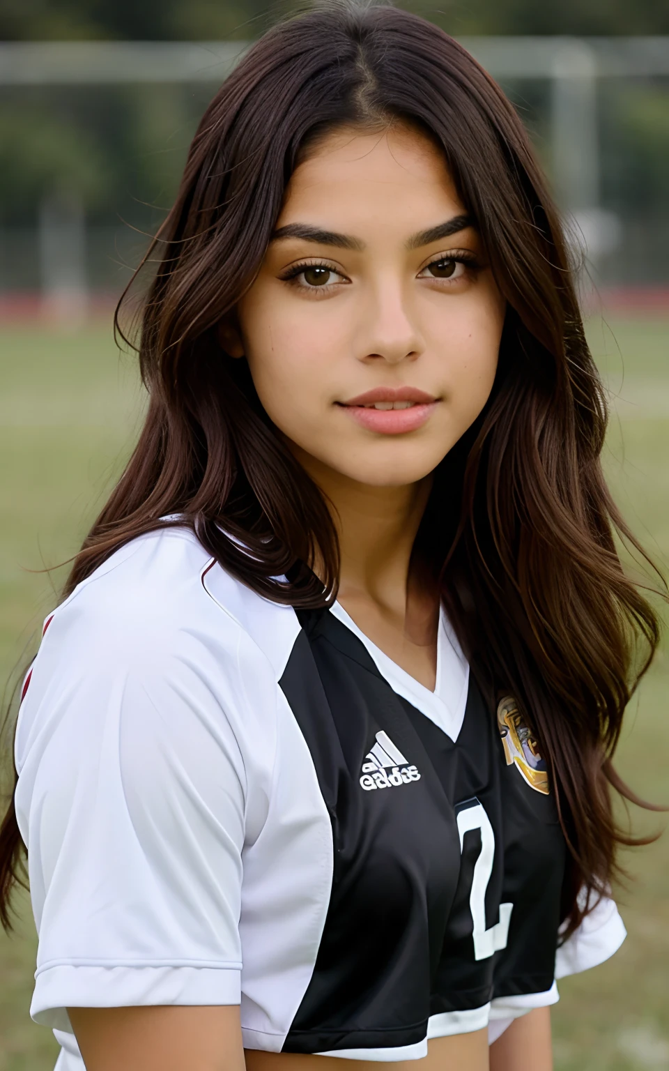 1 mexican girl, Long Wavy Hair, dark brown eyes, teen, hot soccer jersey