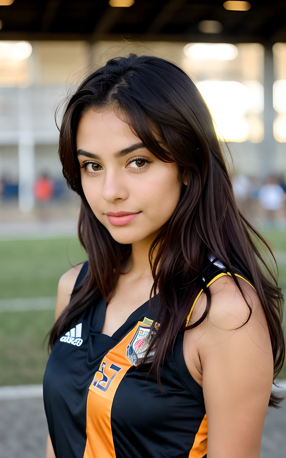 1 mexican girl, Long Wavy Hair, dark brown eyes, teen, hot soccer jersey