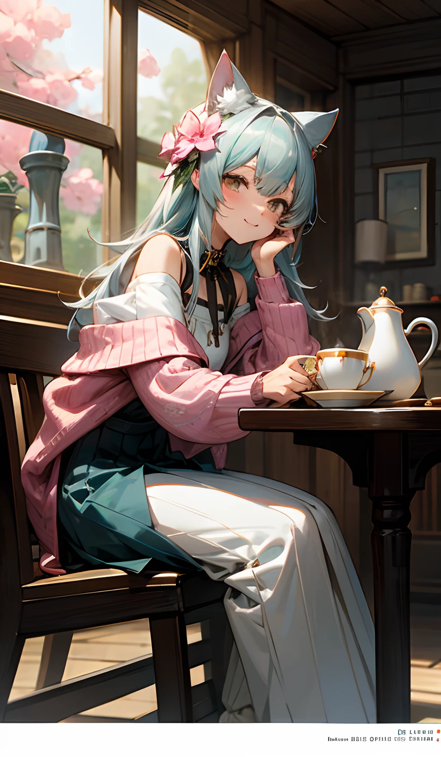 anime cat girl sitting on a bench with a plate of tea, , alchemist girl, guweiz, nightcore, mysterious coffee shop girl, artwork in the style of guweiz, anime illustration, trending on artstation pixiv, drinking tea, pixiv, digital art on pixiv, cafe, kawacy, guweiz on pixiv artstation, long gray teal hair, brown ayes, indoors, jingle bell, leaning forward, lens flare, looking at viewer, mouse, mug, neck bell, nekomata, off shoulder, Happy cat mouth, pink flower, ribbed sweater, saucer, smile, sparkle, stuffed cat, sweater, table, tea, teacup, teapot, vase, whiskers, white sweater,