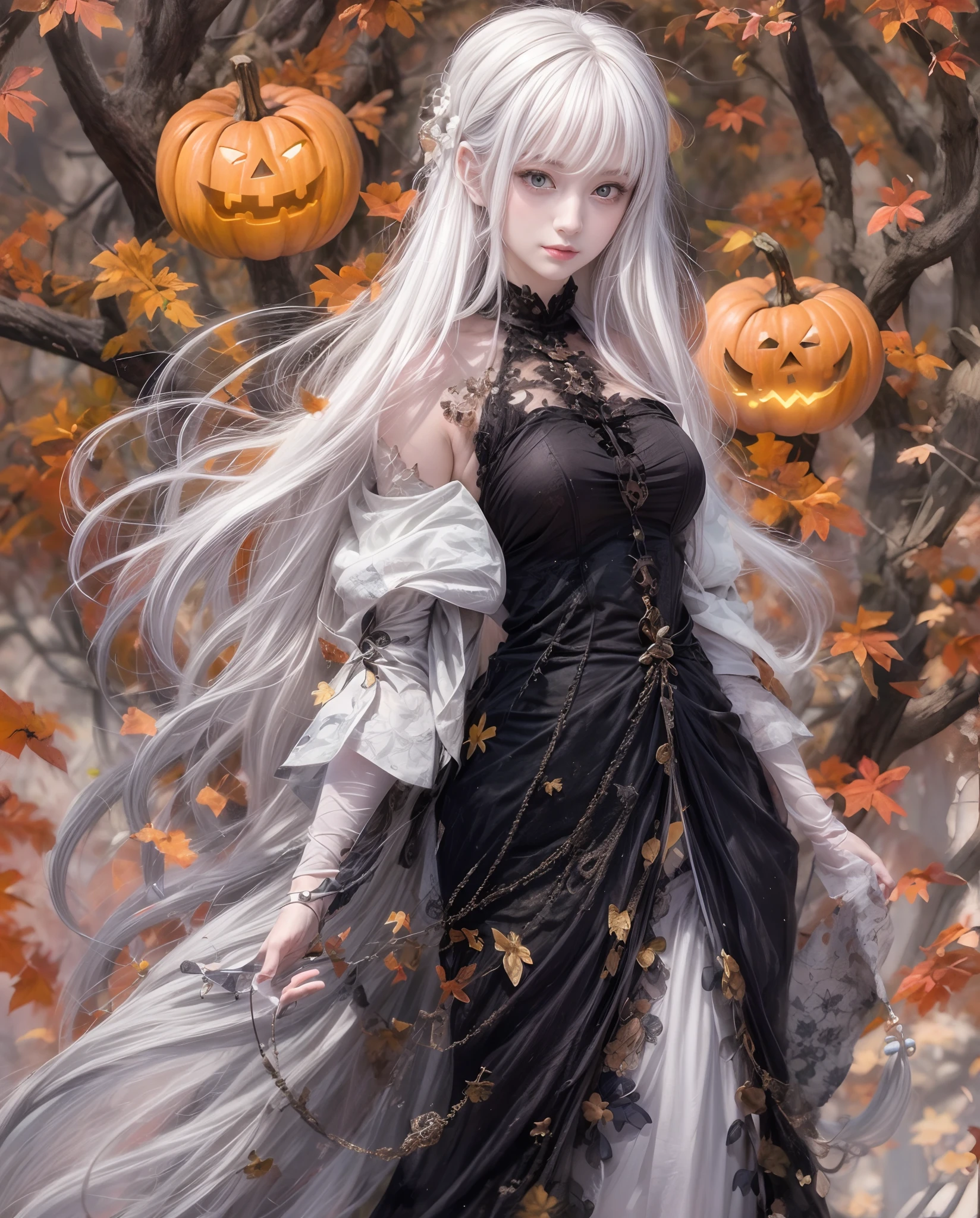 Best quality, masterpiece, meticulous details, intricate detail, realistic, 2 persons, a mystical autumn lady with black hair [SKIP] a mystical halloween lady with white hair