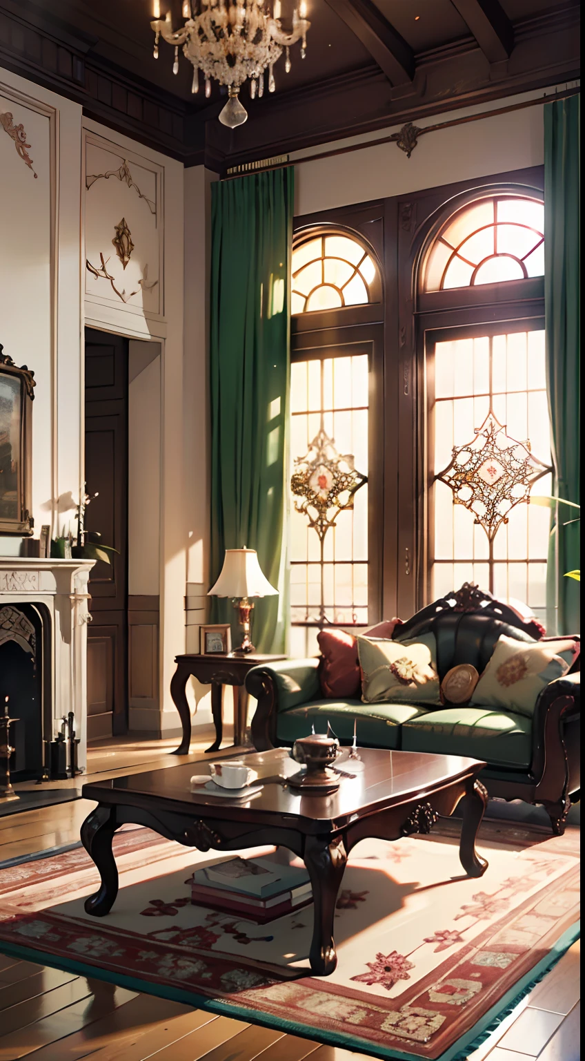 Photography, sofe, Tea table, ( Living room), Curtains, waxy candles, decorations, wooden floor, carpets
