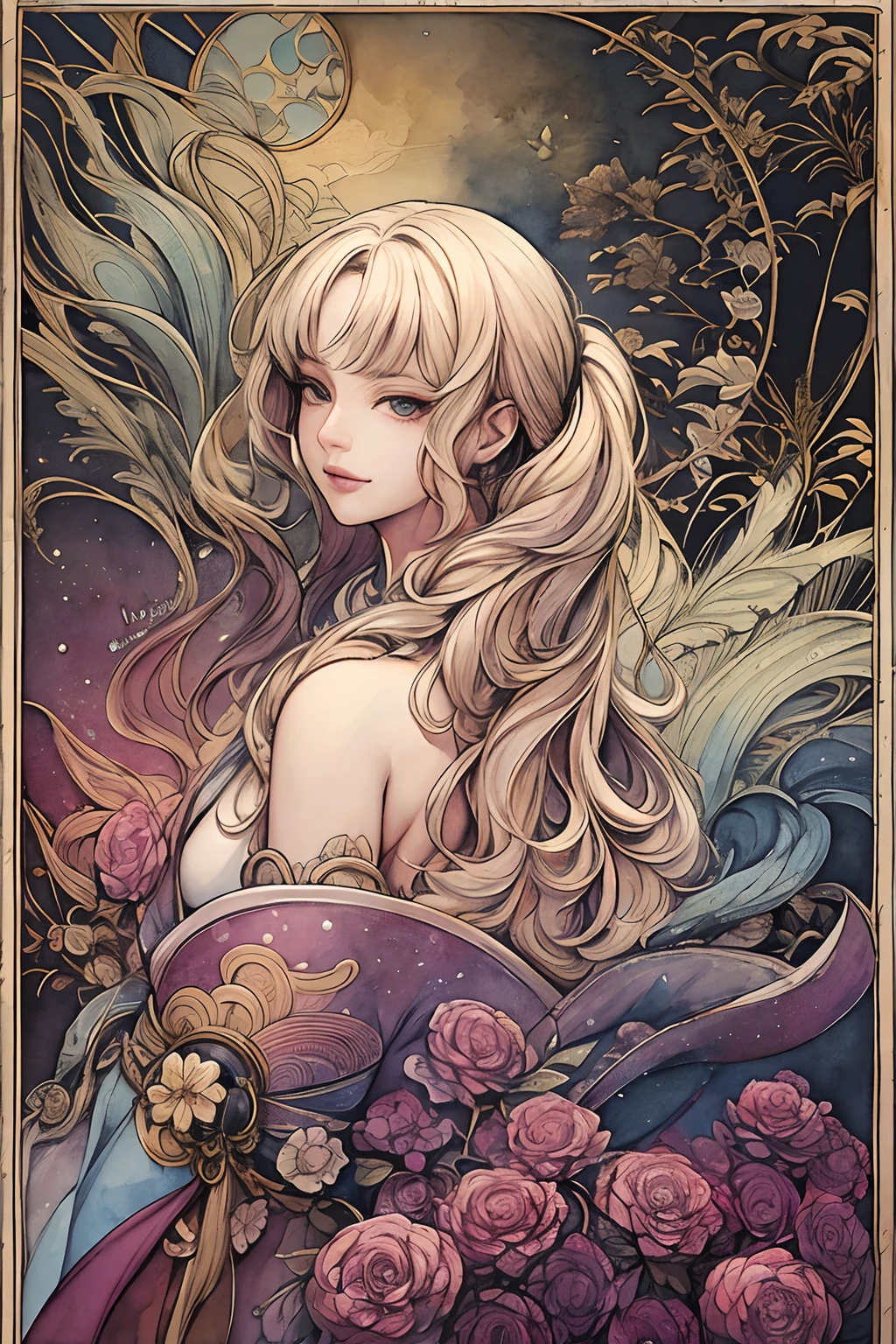 masterpiece: 1.7, top-quality, very extremely beautiful, Delicate use of colors、A detailed face、realistic facial expression、 art by, (watercolor paiting(Curly)、Official art、realisitic、Beautifully Aesthetic:1.3)、(1girl in:1.3)、(Fractal Art:1.3)、(Kimono)、The upper part of the body、From Side、looking at the viewers、patterns、Flowers and Birds Fugetsu、Yuki、Thousand Cranes、clouds、lantern、starrysky、stele、(masutepiece, Best Quality), Highly detailed, Sexy Female Ronin, Samurai, Cherry border, Japan tattoos, katanas, Japan, Night, Moonlight, Vector style art, Erotic, Movie Poster Style, lettering.